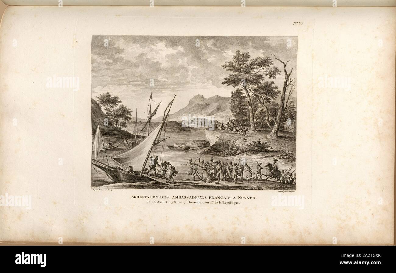 Verhaftung der Französische Botschafter in Jederzeit, 25. Juli 1793, oder 7 Thermidor, Jahr 1 der Republik, Festnahme von Envoy Charles-Louis Huguet De Sémonville und seine Gefährten am 25. Juli 1793 in jederzeit auf See Mazzola, unterzeichnet: Sweebach Desfontaines inv. Et del, Berthault sculp, Abb. 18, Nr. 85, S. 344 (Quatre-vingt-Stufe cinquième Tableau), Swebach de Fontaine, Jacques François Joseph (Inv. et Del.); Berthault, Pierre-Gabriel (Sc), Sammlung complète des Tableaux historiques de La Révolution Française en trois Volumes [...]. Bd. 1, Bl. 2. Ein Paris: chez Auber, Editeur, et seul Propriétaire: de l'Imprimerie Stockfoto