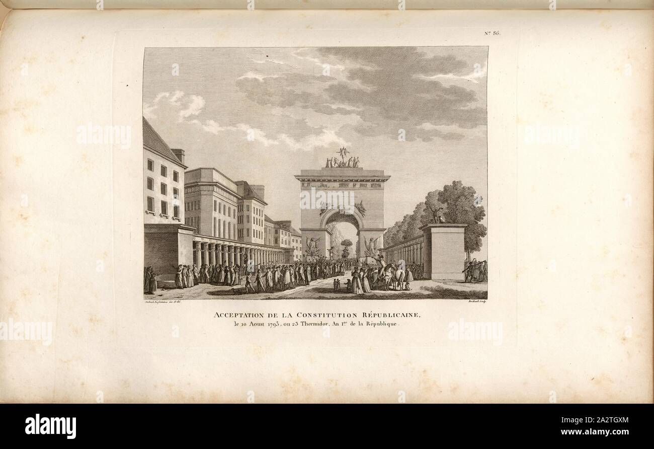 Die Akzeptanz der Republikanischen Verfassung am 10. August 1793, oder 23 Thermidor, Jahr 1 der Republik, Fest der Einheit und Unteilbarkeit der Republik am 10. August 1793 auf dem Boulevard des Italiens in Paris unterzeichnet: Sweebach Desfontaines inv. Et del, Berthault sculp, Abb. 19, Nr. 86, Nach S. 348 (Quatre-vingt-sixième Tableau), Swebach de Fontaine, Jacques François Joseph (Inv. et Del.); Berthault, Pierre-Gabriel (Sc), Sammlung complète des Tableaux historiques de La Révolution Française en trois Volumes [...]. Bd. 1, Bl. 2. Ein Paris: chez Auber, Editeur, et seul Propriétaire: de l'Imprimerie Stockfoto