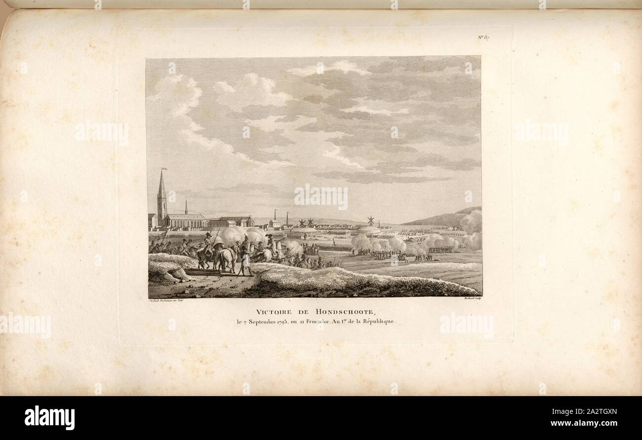 Sieg von Hondschoote, 7. September 1793, oder 21 Fructidor, Jahr 1 der Republik, Schlacht von Hondschoote am 7. September 1793, unterzeichnet: Sweebach Desfontaines inv. Et del, Berthault sculp, Abb. 20, Nr. 87, Nach S. 352 (Quatre-vingt-Septième Tableau), Swebach de Fontaine, Jacques François Joseph (Inv. et Del.); Berthault, Pierre-Gabriel (Sc), Sammlung complète des Tableaux historiques de La Révolution Française en trois Volumes [...]. Bd. 1, Bl. 2. Ein Paris: chez Auber, Editeur, et seul Propriétaire: de l'Imprimerie de Pierre Didot l'aîné, einer XI de la République DCCCII Francçaise M. Stockfoto