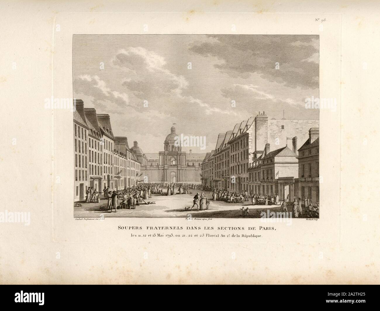 Brüderliche Abendessen in den Sektionen von Paris, können 11, 12, 13, 1793 oder 21, 22 und 23 Floreal Jahr 2. der Republik, Soupers fraternels auf der Rue de Tournon in Paris im Mai 1793, unterzeichnet: Sweebach Desfontaines inv. Et del, Duplessi Bertaux aqua Forti; Berthault sculp, Abb. 31, Nr. 98, Nach S. 396 (Quatre-vingt-dix-huitième Tableau), Swebach de Fontaine, Jacques François Joseph (Inv. et Del.); Duplessi-Bertaux, Jean (aqua Forti); Berthault, Pierre-Gabriel (Sc), Sammlung complète des Tableaux historiques de La Révolution Française en trois Volumes [...]. Bd. 1, Bl. 2. Ein Paris: chez Auber, Editeur Stockfoto