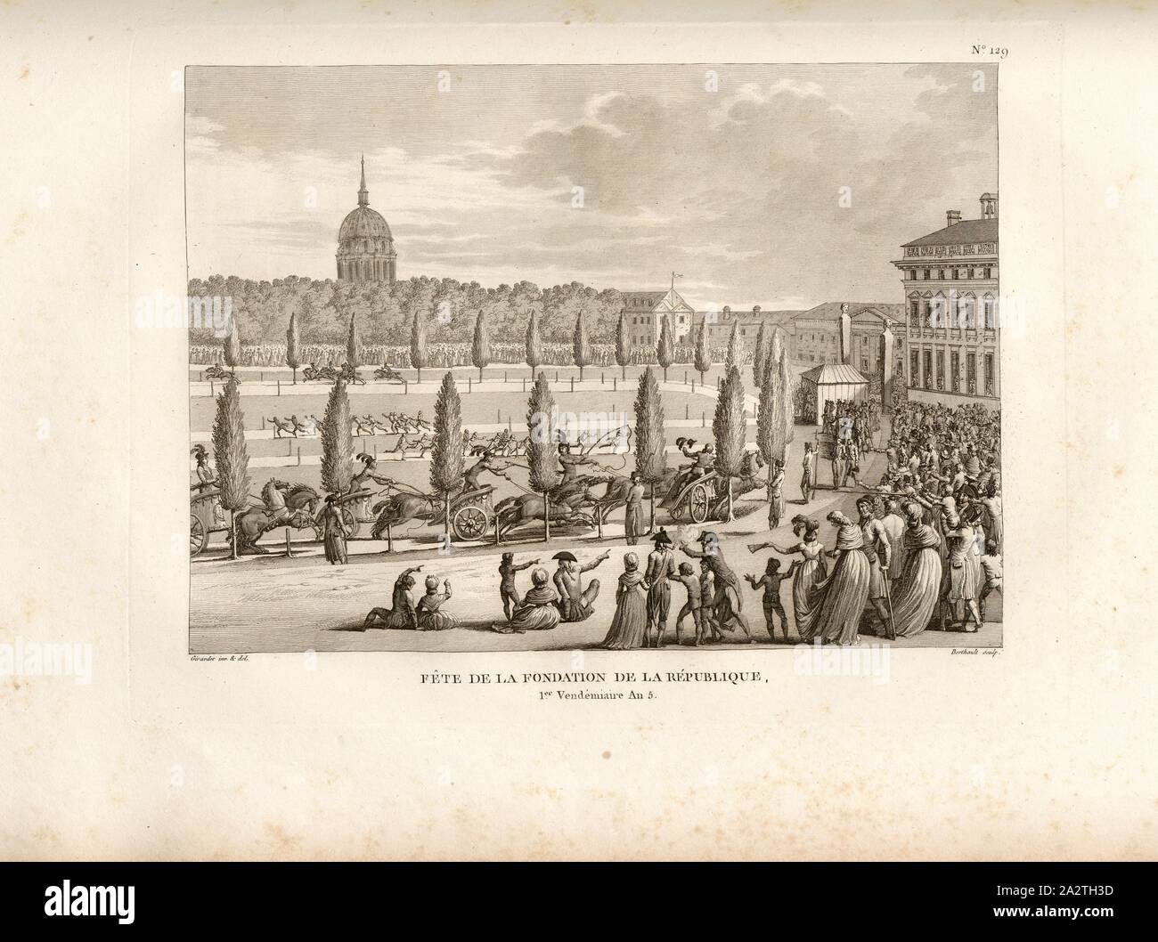 Fest der Gründung der Republik, 1. Vendémiaire Jahr 5., Fête de la Fondation de la République am 22. September 1796 auf dem Campus Martius in Paris unterzeichnet: Girardet inv. Et del, Berthault sculp, Abb. 62, Nr. 129, S. 520 (Cent-vingt-neuvième Tableau), Girardet, Abraham (Inv. et Del.); Berthault, Pierre-Gabriel (Sc), Sammlung complète des Tableaux historiques de La Révolution Française en trois Volumes [...]. Bd. 1, Bl. 2. Ein Paris: chez Auber, Editeur, et seul Propriétaire: de l'Imprimerie de Pierre Didot l'aîné, einer XI de la République DCCCII Francçaise M. Stockfoto