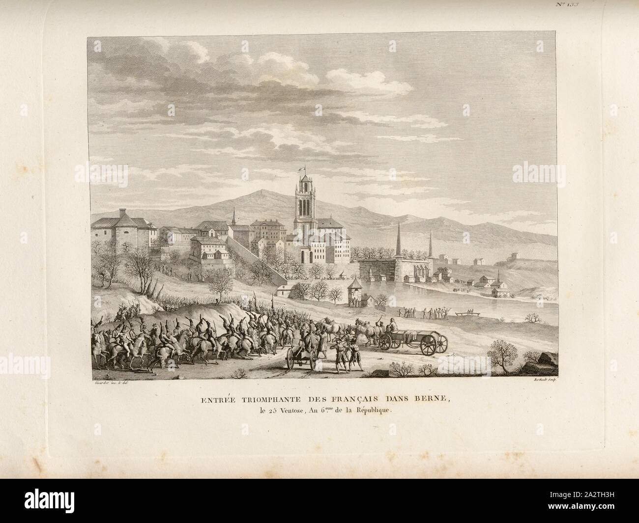 Triumphierend Eintrag der Französischen in Bern, 25 Ventose, Jahr 6. der Republik, Eintrag von französischen Truppen unter General Balthasar Alexis Henri Antoine von Schauenburg 1798 in Bern unterzeichnet: Girardet inv. Et del, Berthault sculp, Abb. 66, Nr. 133, S. 536 (Cent-trente-troisième Tableau), Girardet, Abraham (Inv. et Del.); Berthault, Pierre-Gabriel (Sc), Sammlung complète des Tableaux historiques de La Révolution Française en trois Volumes [...]. Bd. 1, Bl. 2. Ein Paris: chez Auber, Editeur, et seul Propriétaire: de l'Imprimerie de Pierre Didot l'aîné, einer XI de la République DCCCII Francçaise M. Stockfoto