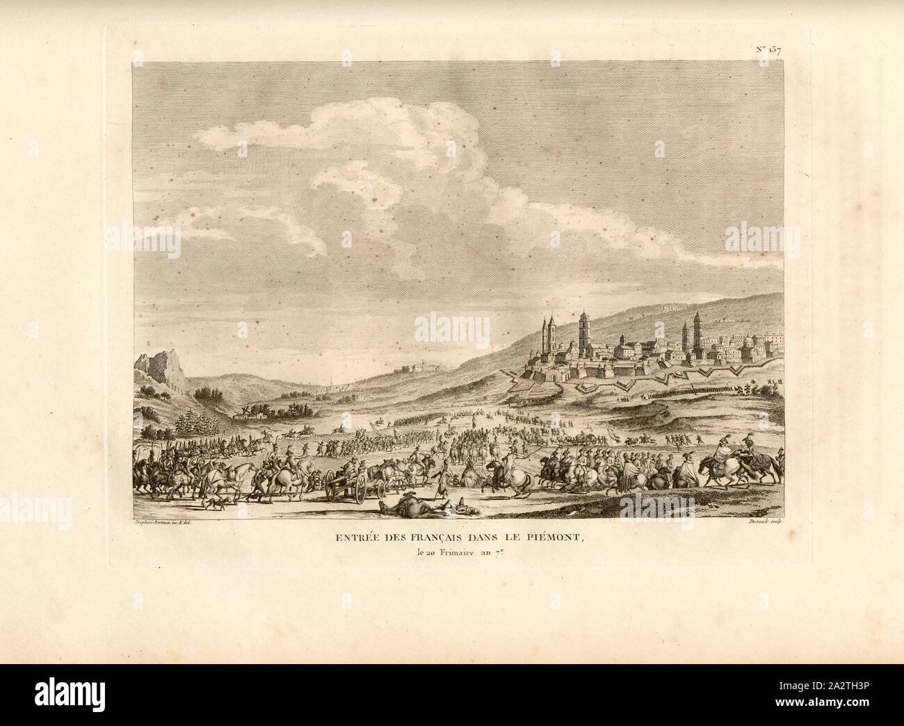 Eintrag der Französischen in Piemont, die 20 Frimaire, Jahr 7. Französische Truppen marschieren in Piemont am 6. Dezember 1798, unterzeichnet: duplessi-bertaux Inv. Et del, Desaulx sculp, Abb. 70, Nr. 137, nach s. 552 (Cent trente-Septième Tableau), Jean Duplessi-Bertaux (Inv. et Del.); Desaulx, Jean (Sc), Sammlung complète des Tableaux historiques de La Révolution Française en trois Volumes [...]. Bd. 1, Bl. 2. Ein Paris: chez Auber, Editeur, et seul Propriétaire: de l'Imprimerie de Pierre Didot l'aîné, einer XI de la République DCCCII Francçaise M. Stockfoto