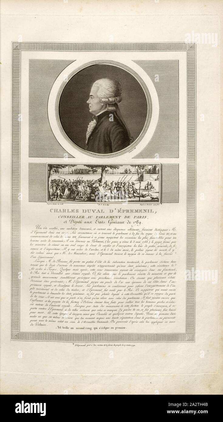 Charles Duval d'Épremenil, Ratgeber in das Parlament von Paris, und Stellvertreter in den Staaten allgemein von 1789, Portrait von Jean-Jacques Duval d'Eprémesnil und Jean-Jacques Duval d'Eprémesnil am 27. Juli 1792, unterzeichnet: duplessi-bertaux Inv. Et del, Duplessi-Bertaux aqua Forti, Abb. 7, S. 27, Duplessi Bertaux, Jean (Inv. et del.; aqua Forti), Sammlung complète des Tableaux historiques de La Révolution Française en trois Volumes [...]. Bd. 1, Bl. 3. Ein Paris: chez Auber, Editeur, et seul Propriétaire: de l'Imprimerie de Pierre Didot l'aîné, einer XI de la République DCCCII Francçaise M. Stockfoto