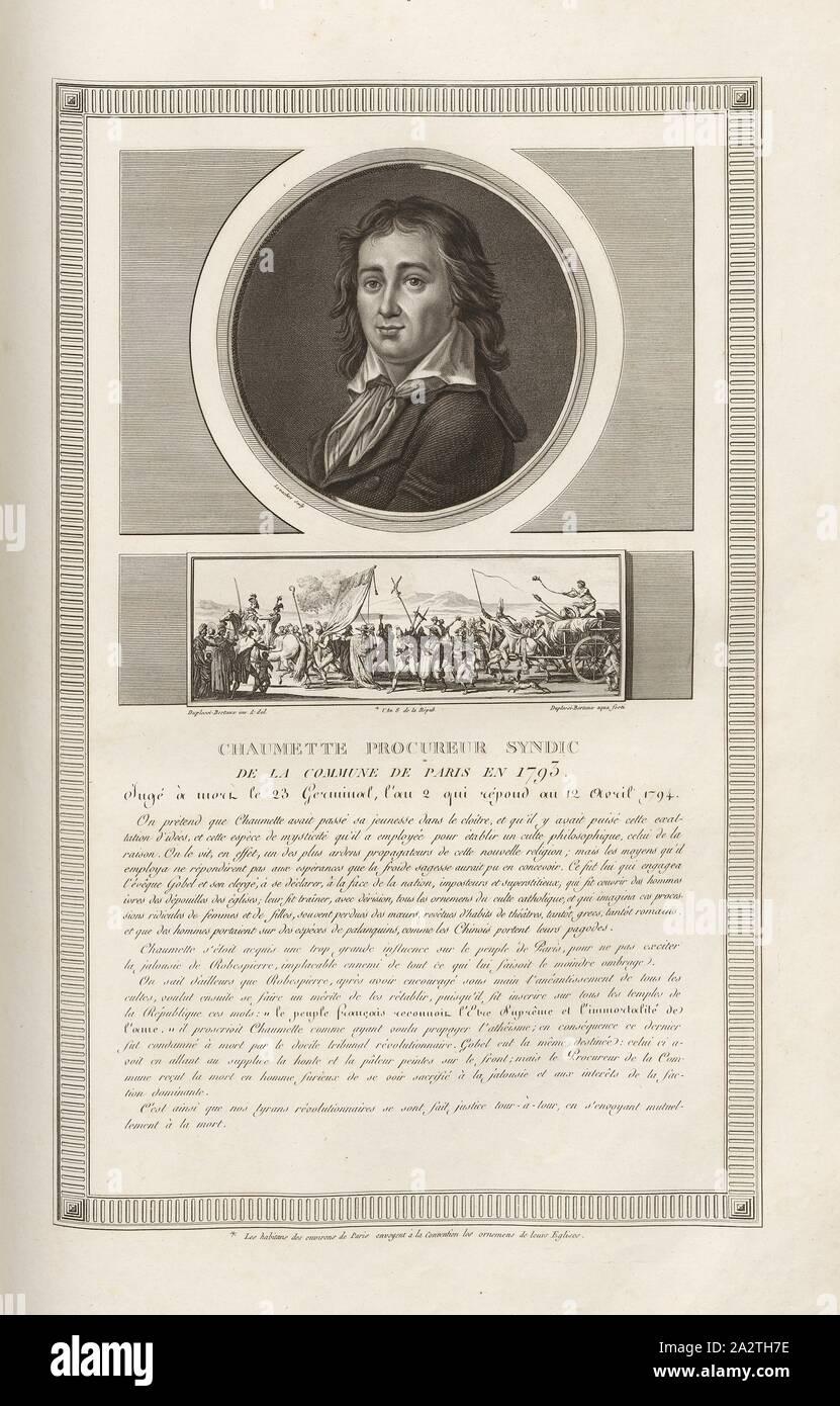 Chaumette Rechtsanwalt syndic der Pariser Kommune im Jahre 1793, versuchte, den Tod am 23. Germinal, Jahr 2, bis 12. April 1794 reagiert, Portrait von Pierre-Gaspard Chaumette und Bewohner der Region Paris Kirche Schätze zu den Nationalen Konvent senden, unterzeichnet: Levachez sculp, duplessi-bertaux Inv. Et del, Duplessi-Bertaux aqua Forti, Abb. 37, nach S. 9 (provisoire), Regierung, Charles Francois Gabriel Levachez (sc.); Duplessi Bertaux, Jean (Inv. et del.; aqua Forti), Sammlung complète des Tableaux historiques de La Révolution Française en trois Volumes [...]. Bd. 1, Bl. 3. Ein Paris: chez Auber, Editeur Stockfoto