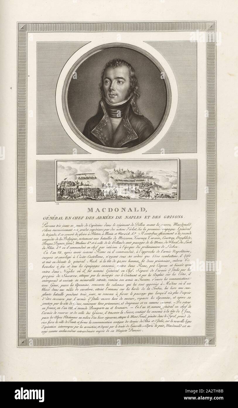 Macdonald, allgemein-in-Chief der Armeen von Neapel und Graubünden, Portrait von Étienne Jacques Joseph Alexandre MacDonald, unterzeichnet: J.D.B., Abb. 58, S. 9 (Verfassung de la République), Duplessi Bertaux, Jean, Sammlung complète des Tableaux historiques de La Révolution Française en trois Volumes [...]. Bd. 1, Bl. 3. Ein Paris: chez Auber, Editeur, et seul Propriétaire: de l'Imprimerie de Pierre Didot l'aîné, einer XI de la République DCCCII Francçaise M. Stockfoto