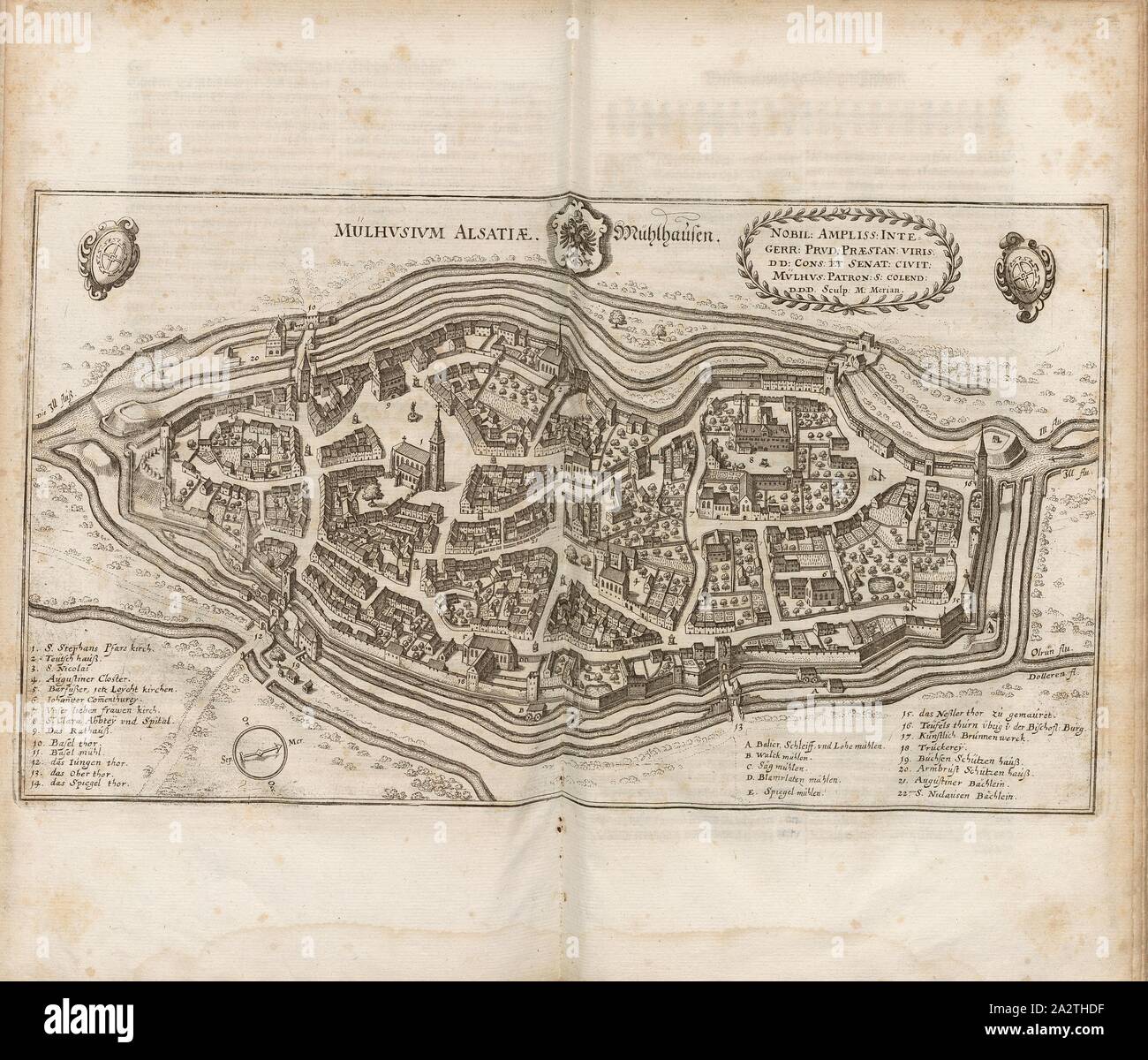 Mulhusium Alsatiae - MUhlhausen, Mulhouse im Elsass, unterzeichnet: Sculp., M.Merian, Abb. 61, S. 64, Merian, Matthäus der Ältere (Sc), Matthäus Merian der Ältere: Topographia Helvetiae, Rhaetiae, et Valesiae: Das ist, eygentliche Beschreibung und Abbildung der vornehmsten Stätte und Natur in der Hochlöblichen Eydgnossschafft, Graubündten, Wallis, und etlicher zugewandten Orthen. Franckfurt am Mayn: zum Fahrzeug verlegt von denen Merianischen Erben, im Jahr M DC WFL. [1654 Stockfoto