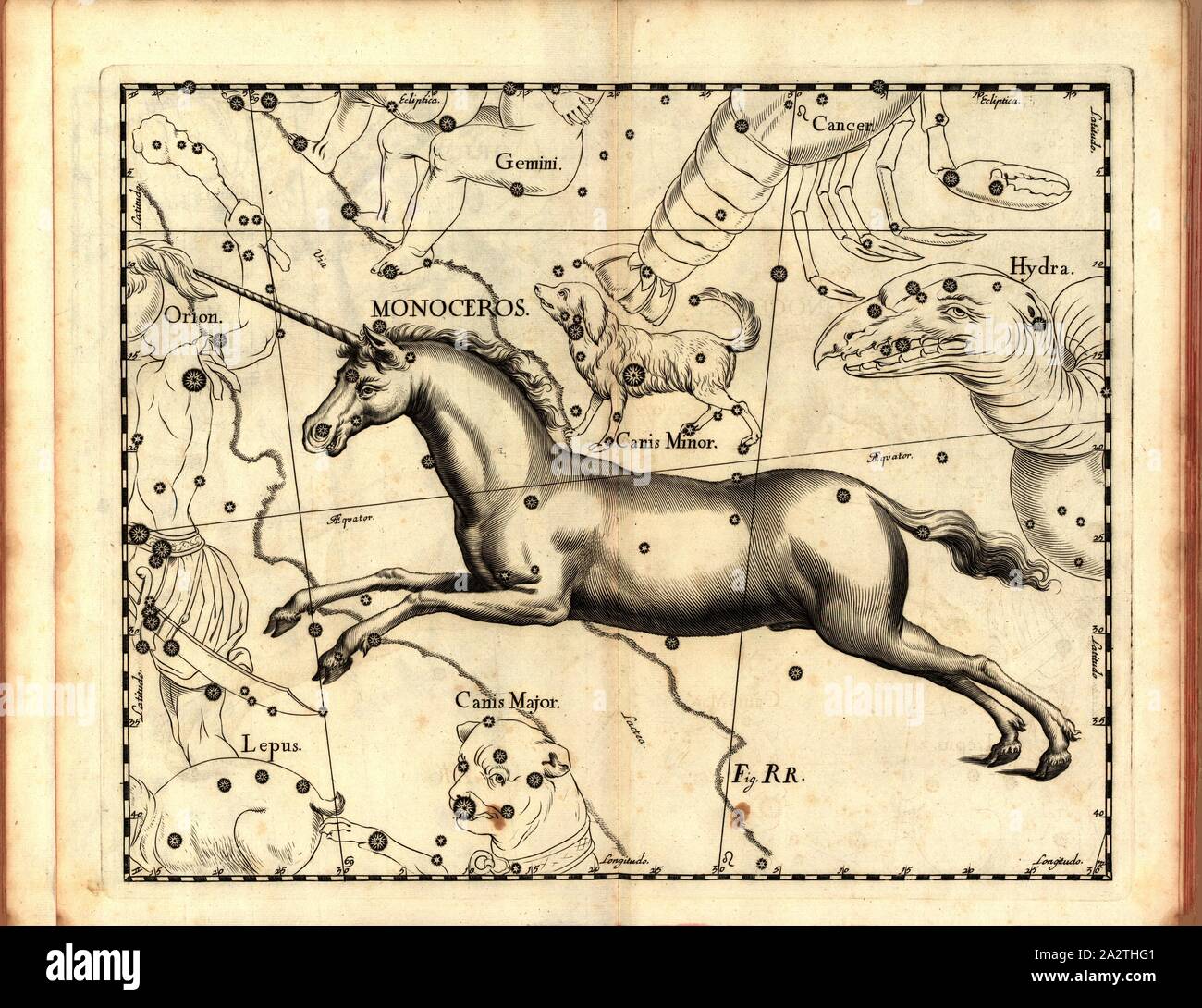 Camelopardalis, Karte des Sternbilds Einhorn, Abb. 45, Abb. RR, S. 21, Johannes Hevelius, Johann Ernst-von-Schmieden: Johannis Hevelii prodromus fundamenta astronomiae, exhibens, quae Tam ad Novum planè & correctiorem stellarum fixarum construendeum, ad catalogum quàm onmium planetarum tabulas corrigendas omnimodè spectant; nec nicht Novas & correctiores tabulas Solares, aliasque plurimas astronomiam pertinentes ad [...]. Gedani: Typis Johannis-Zachariae Stollii, 1690 Stockfoto