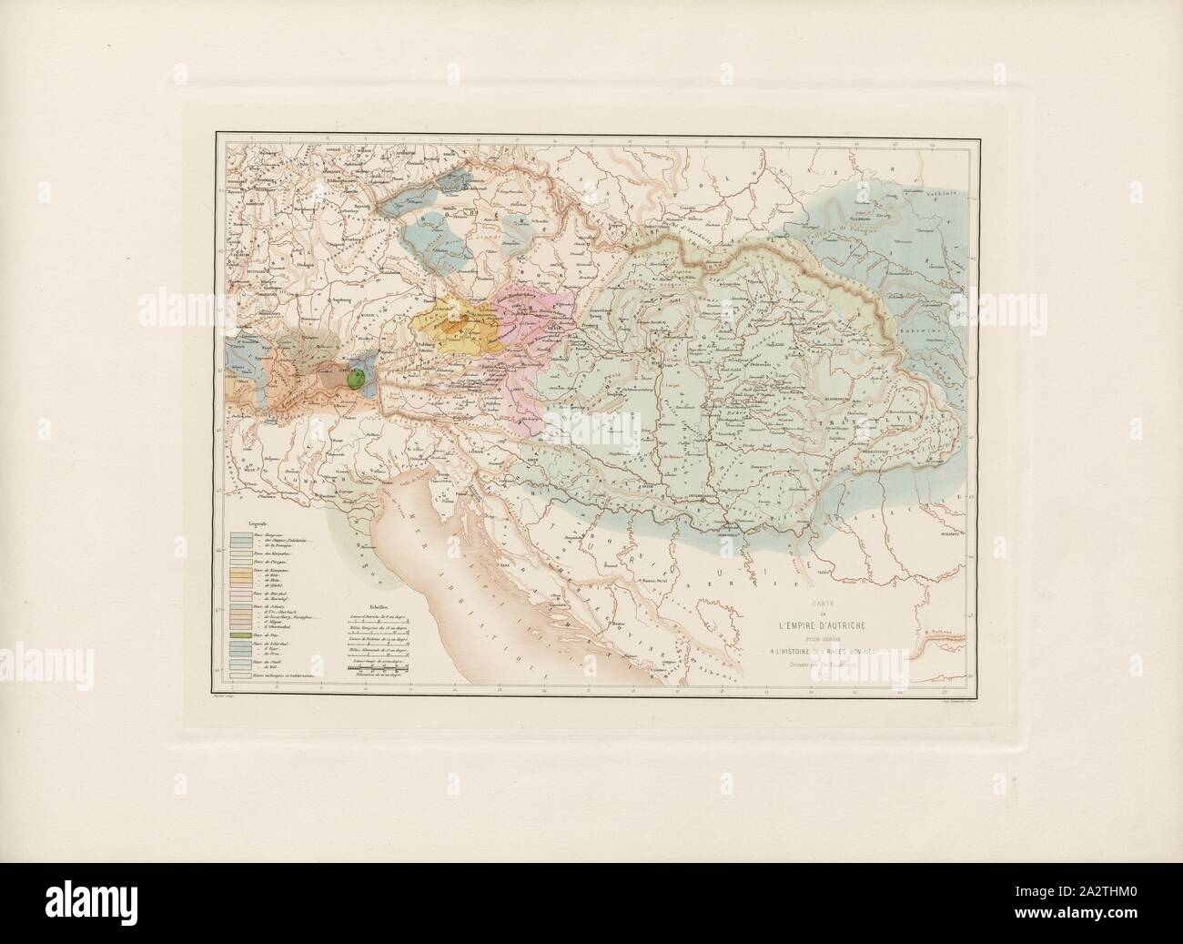 Karte des österreichischen Kaiserreiches die Geschichte der Rinderrassen zu dienen, Karte der Rinderrassen im Kaiserreich Österreich, unterzeichnet: Dressée par Em. Baudement; Marlier sculp, Abb. 3 nach S. LXXIV, Baudement, Emile (dressée); Marlier (sc.), Emile Baudement: Les Rassen Rinder au Concours universel agricole de Paris en 1856: Études zootechniques. Bd. 1, Bl. 1. Paris: Imprimerie Imperiale, MDCCCLXII [1862 Stockfoto