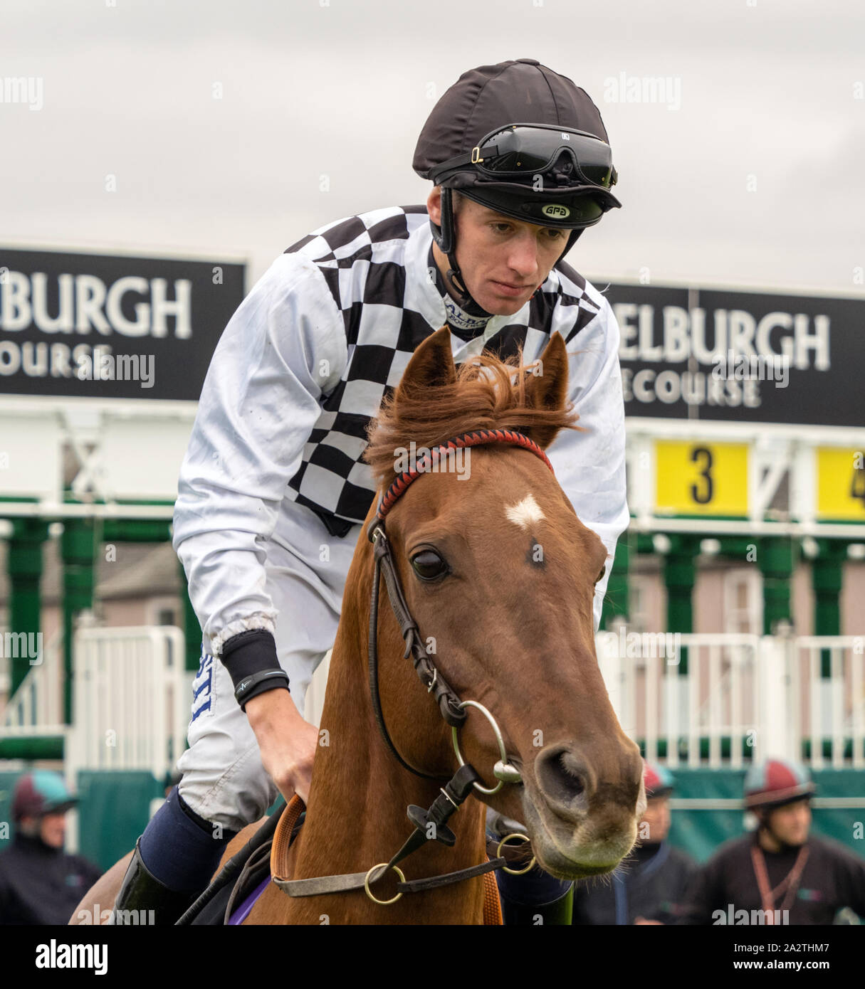 Jockey Cam Hardie auf Wirtschaftskrise, vor dem Beginn des Virgin Media Oomph Handicap - 29. September 2019. Stockfoto