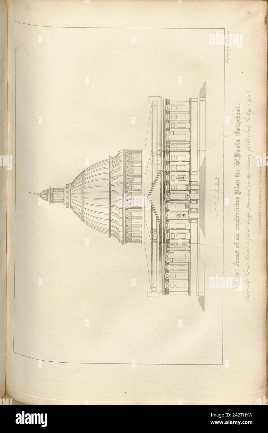 West vor einem noch nicht ausgeführten Plan für St. Paul's Cathedral..., Sir Christopher Wens erster Entwurf für die St. Paul's Cathedral in London unterzeichnet: von W. eingraviert finden; durch Lackinton & Co. und Longman & Co., Pl veröffentlicht. XLVI, auf S. 130, Finden, W. (Gravur); Lackington&Co (Hrsg.); Longman & Co (Hrsg.), William Dugdale, Henry Ellis: Die Geschichte der Saint Paul's Cathedral in London, von der Gründung: Aus original Charters, Datensätze extrahiert, leiger - Bücher und Handschriften. London: gedruckt für Lackington, Hughes, Harding, Mavor, und Jones; und Longman, Hurst, Rees, Orme, und Brown, 1818 Stockfoto