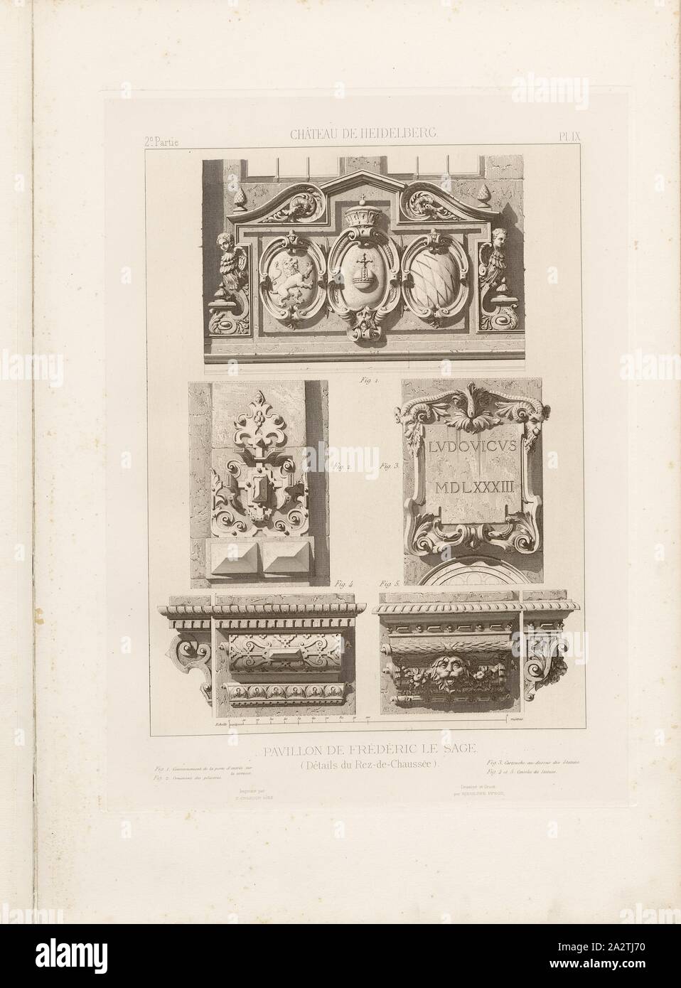 Heidelberger Schloss, Friedrich der Weise Pavillon Erdgeschoss Details, Details der Friedrichsbau des Heidelberger Schlosses, unterzeichnet: Dessiné et Gravé par Rodolphe Pfnor; Imprimé von F. Chardon aîné, Abb. 23, 2, PL. IX, S. 16, Pfnor, Rodolphe (dessiné et gravé); Chardon, F. aîné (imprimé), Rodolphe Pfnor, Daniel Ramée: Monographie du Château de Heidelberg. Paris: A. Morel et Cie, Editeurs, 1859 Stockfoto