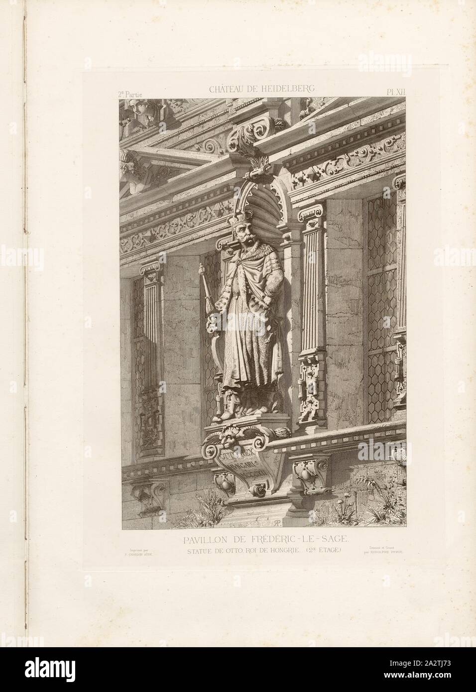 Heidelberger Schloss, Friedrich der Weise Pavillon, Otto König, König von Ungarn, 2. Stock, Statue von Otto III. von Bayern (1261-1312) in der Friedrichsbau des Heidelberger Schlosses, unterzeichnet: Dessiné et Gravé par Rodolphe Pfnor; Imprimé von F. Chardon aîné, Abb. 26, 2, PL. XII, nach S.12, Pfnor, Rodolphe (dessiné et gravé); Chardon, F. aîné (imprimé), Rodolphe Pfnor, Daniel Ramée: Monographie du Château de Heidelberg. Paris: A. Morel et Cie, Editeurs, 1859 Stockfoto