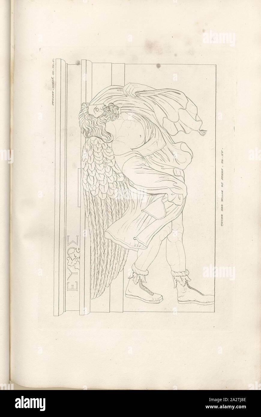 Der Turm der Winde, Athen. Pl. XV, Personifizierung der Südost wind, Wind Gott Euro, PL. V, Del. III, 1829, James Stuart und Revett Nicholas: Alterthümer zu Athen sterben. Erster Theil. Leipzig und Darmstadt: Verlag von Carl Wilhelm Leske, [1829 Stockfoto