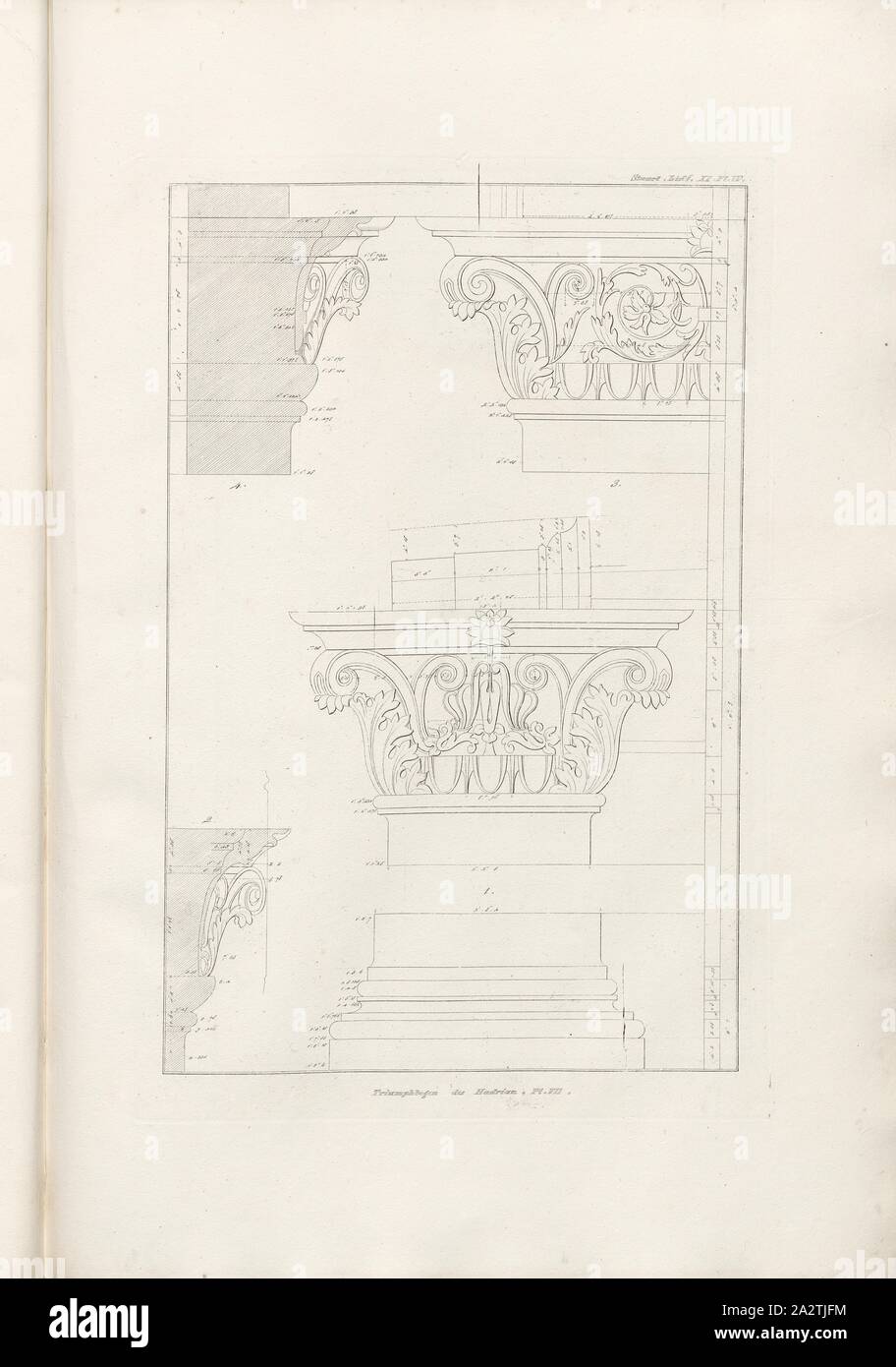 Triumphbogen von Hadrian. Pl. VII-, Kapital- und Basis der Anten von Bogen des Hadrian in Athen, PL. IV, Suppl. XI, 1829, James Stuart und Revett Nicholas: Alterthümer zu Athen sterben. Erster Theil. Leipzig und Darmstadt: Verlag von Carl Wilhelm Leske, [1829 Stockfoto