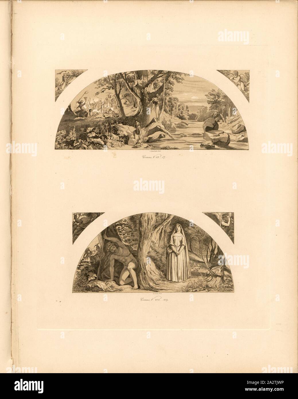 Comus, V. 12-17, Comus, 200-219, Wandmalereien mit Szenen aus dem Gedicht 'Masque von Comus" von John Milton (Pavillon, die Gärten des Buckingham Palace), unterzeichnet: C. Stanfield, RA; T. Uwins, RA, Taf. 11, S. 11, Stanfield, Clarkson; Uwins Thomas, Ludwig Gruner; Anna Jameson: Die Dekorationen der Garten - Pavillon auf dem Gelände des Buckingham Palace. London: publ. von John Murray; Longman & Co.; S. & D. Colnaghi; F. G. Mond; und L. Gruner, MDCCCXLVI Stockfoto