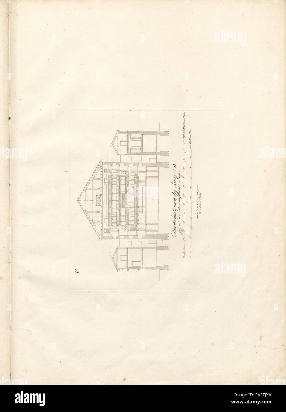 Durchschnittliche nach der Zeile C D gegen das stattliche, Querschnitt der Hoftheater in Darmstadt, unterzeichnet: Gez., Rad., das von den Architekten Lerch junior et G. Ritter, Blatt V, Lerch 19.06.11 (gez. He. Rad.); Ritter, G. (gez. He. Rad.), Philipp Lerch; Georg Ritter: Das Grossherzogliche Hof-Opern-Theater: Grund- und Aufrisse der merkwürdigsten Heurige Residenz Darmstadt für Liebhaber der Bauwissenschaften besonders für Architekten und Bauhandwerker: erstes Heft. Darmstadt: bey I. W. Heyer, 1824 Stockfoto