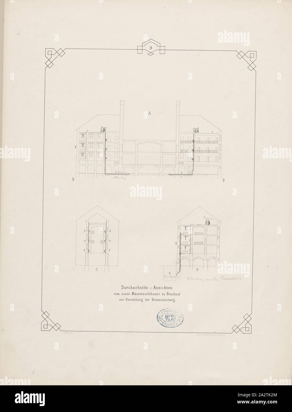 Durchschnittliche Ansichten des neuen Menschen Züchten von Haus zu Bruchsal für die Darstellung des gut Rohr, Wasserversorgung in der Männer Zucht Haus in Bruchsal, unterzeichnet: C. Heilig lith, Drucken der Fried., Gutsch, Tab. IX, S. 33, Heilig, C. (Lith.); Gutsch, Friedrich (Drucker), Julius August Füesslin: Das neue Männerzuchthaus Bruchsal, nach dem System der Einzelhaft in-baulichen Einrichtungen. Carlsruhe: in Kommission bei Friedrich Gutsch, 1854 Stockfoto