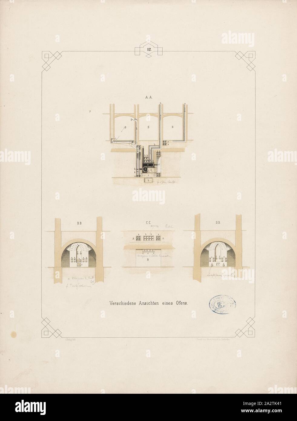 Verschiedene Sichten auf einen Herd, einen Ofen in der Men's Zucht Haus in Bruchsal, unterzeichnet: C. Heilig lith, Drucken der Fried., Gutsch, Tab. XII, S. 33, Heilig, C. (Lith.); Gutsch, Friedrich (Drucker), Julius August Füesslin: Das neue Männerzuchthaus Bruchsal, nach dem System der Einzelhaft in-baulichen Einrichtungen. Carlsruhe: in Kommission bei Friedrich Gutsch, 1854 Stockfoto