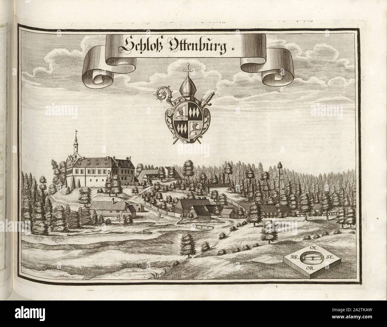 Schloss Ottenburg, Ottenburg Schloss in Bayern (Deutschland), Abb. 68, S. 38, Wening, Michael (Del. et sc.), 1701, Michael Wening: Historico-topographica Descriptio. Das ist: Beschreibung, dess Churfürsten- und Hertzogthumbs Ober- und Nidern Bayrn, welches in vier Theil oder Rennt-Aembter, als Oberlands München und Underlands Burgkhausen, aber in Landshuet unnd Straubing abgetheilt ist [...]. 1 Thail. München: bey Johann Lucas Straub, Edelstein: lobl. Landtschafft Buchtruckern anno M. DCCI. [1701 Stockfoto