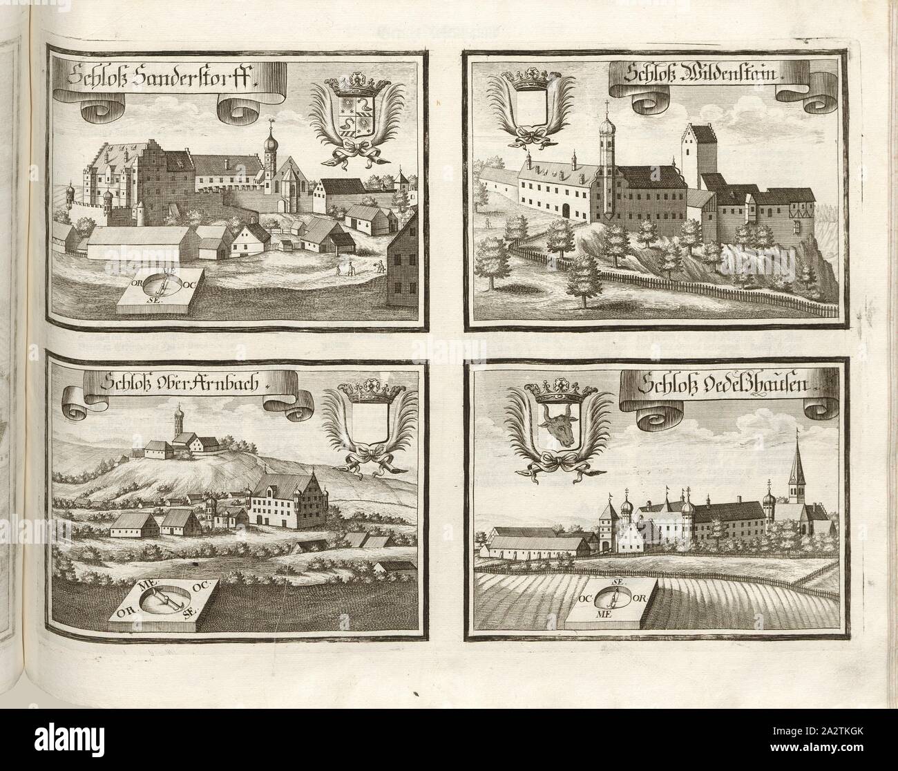 Sandersdorf Burg Wildenstein Burg, Schloss und Oberarnbach Odelzhausen Schloss, sandersdorf Schloss, Schloss Wildenstein, Oberarnbach Schloss in Neuburg, Edelshausen Castle in der Nähe von schrobenhausen in Bayern (Deutschland), Abb. 170, S. 92, Wening, Michael (Del. et sc.), 1701, Michael Wening: Historico-topographica Descriptio. Das ist: Beschreibung, dess Churfürsten- und Hertzogthumbs Ober- und Nidern Bayrn, welches in vier Theil oder Rennt-Aembter, als Oberlands München und Underlands Burgkhausen, aber in Landshuet unnd Straubing abgetheilt ist [...]. 1 Thail. München: bey Johann Lucas Straub, gem Stockfoto