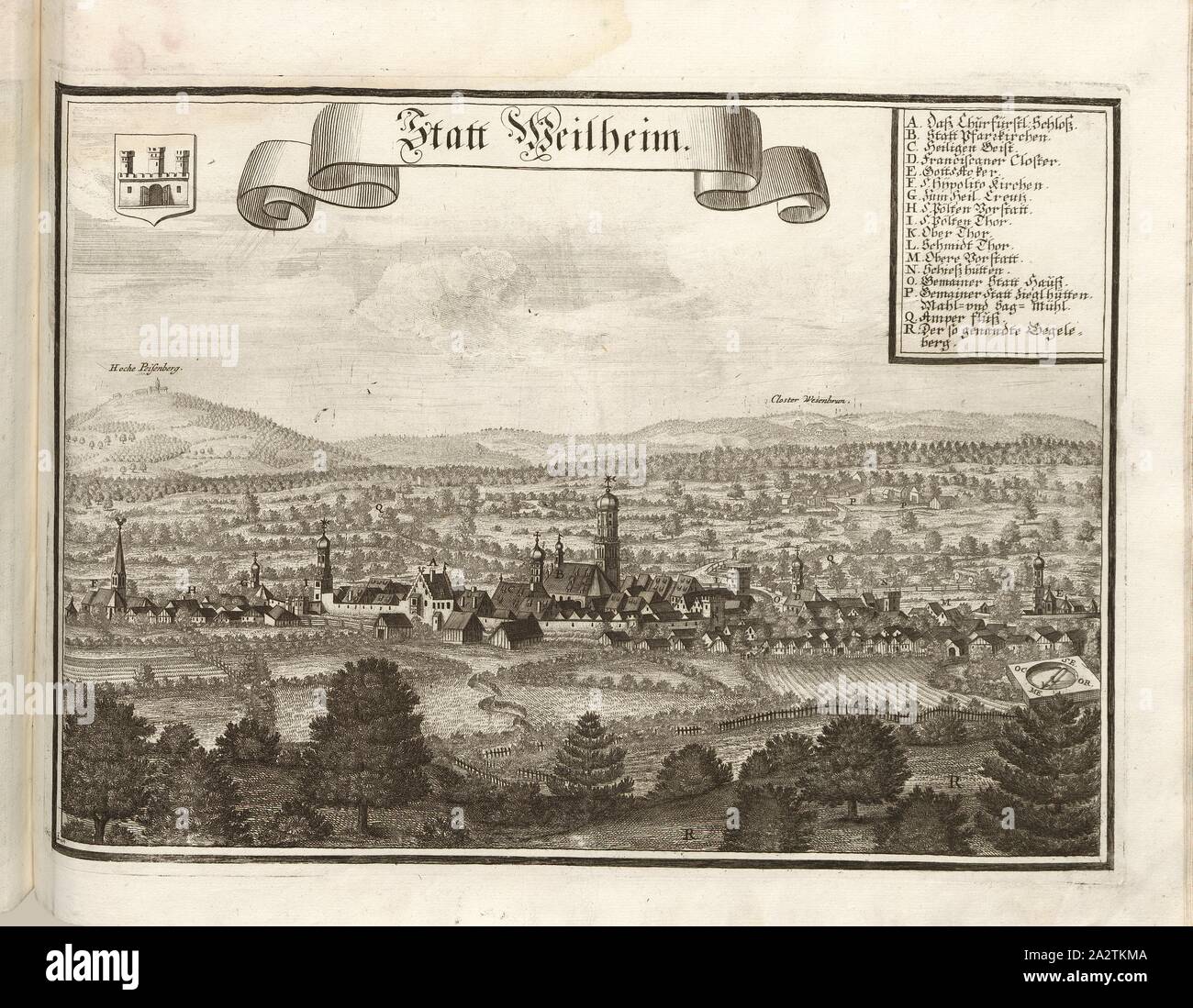 Gesättigt und Weilheim, Weilheim in Bayern (Deutschland), Abb. 225, S. 118, Wening, Michael (Del. et sc.), 1701, Michael Wening: Historico-topographica Descriptio. Das ist: Beschreibung, dess Churfürsten- und Hertzogthumbs Ober- und Nidern Bayrn, welches in vier Theil oder Rennt-Aembter, als Oberlands München und Underlands Burgkhausen, aber in Landshuet unnd Straubing abgetheilt ist [...]. 1 Thail. München: bey Johann Lucas Straub, Edelstein: lobl. Landtschafft Buchtruckern anno M. DCCI. [1701 Stockfoto