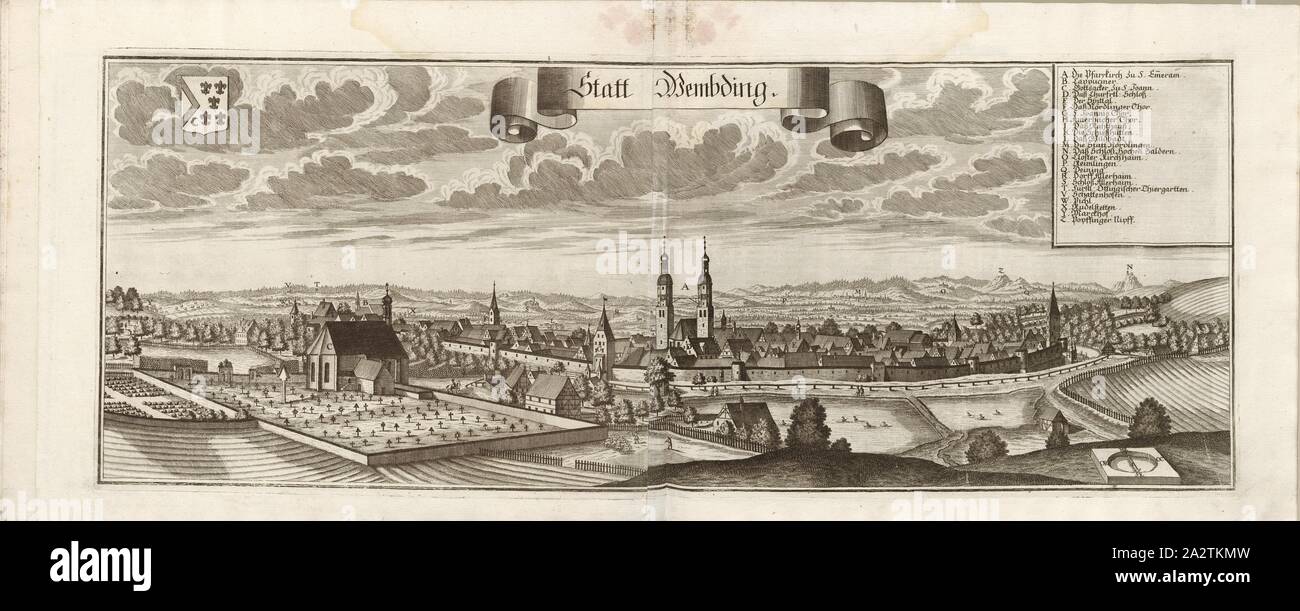 Anstelle von wembding, Wemding in Bayern (Deutschland), Abb. 239, S. 124, Wening, Michael (Del. et sc.), 1701, Michael Wening: Historico-topographica Descriptio. Das ist: Beschreibung, dess Churfürsten- und Hertzogthumbs Ober- und Nidern Bayrn, welches in vier Theil oder Rennt-Aembter, als Oberlands München und Underlands Burgkhausen, aber in Landshuet unnd Straubing abgetheilt ist [...]. 1 Thail. München: bey Johann Lucas Straub, Edelstein: lobl. Landtschafft Buchtruckern anno M. DCCI. [1701 Stockfoto