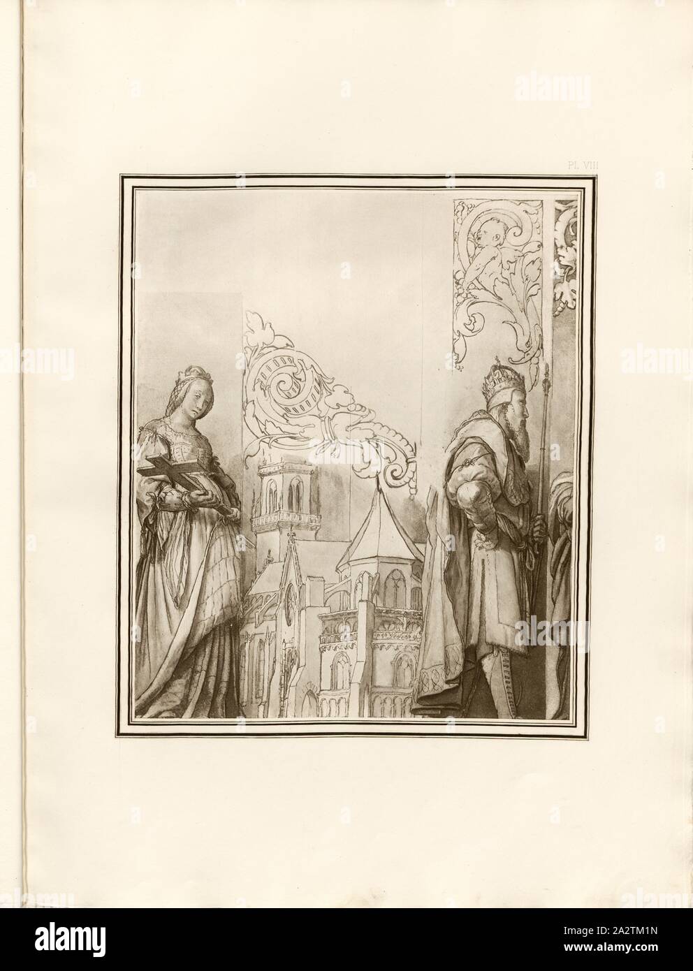 Heinrich II. und Cunégonde, Heinrich II. Mit seiner Frau Kunigunde und Basler Münster, PL. VIII, nach S. XLIII, Holbein, Hans (DESS); Boussod, Valadon & Cie (Ed.), Eduard seine: Dessins d'ornements de Hans Holbein: fac-simile en Photogravure. Paris: Boussod, Valadon & Cie, Editeurs, 1886 Stockfoto