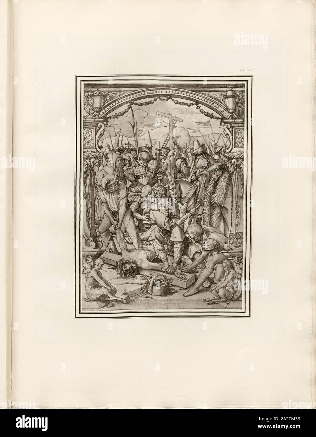 Kreuzigung von Jesus, Jesus wird ans Kreuz von Soldaten vor einer Masse geklopft, zwei Satyrn im Vordergrund, PL. XIV, nach s. XLIII, Holbein, Hans (DESS); Boussod, Valadon & Cie (Ed.), Eduard seine: Dessins d'ornements de Hans Holbein: fac-simile en Photogravure. Paris: Boussod, Valadon & Cie, Editeurs, 1886 Stockfoto Kreuzigung von Jesus, Jesus wird ans Kreuz von Soldaten vor einer Masse geklopft, zwei Satyrn im Vordergrund, PL. XIV, nach s. XLIII, Holbein, Hans (DESS); Boussod, Valadon & Cie (Ed.), Eduard seine: Dessins d'ornements de Hans Holbein: fac-simile en Photogravure. Paris: Boussod, Valadon & Cie, Editeurs, 1886 Stockfoto