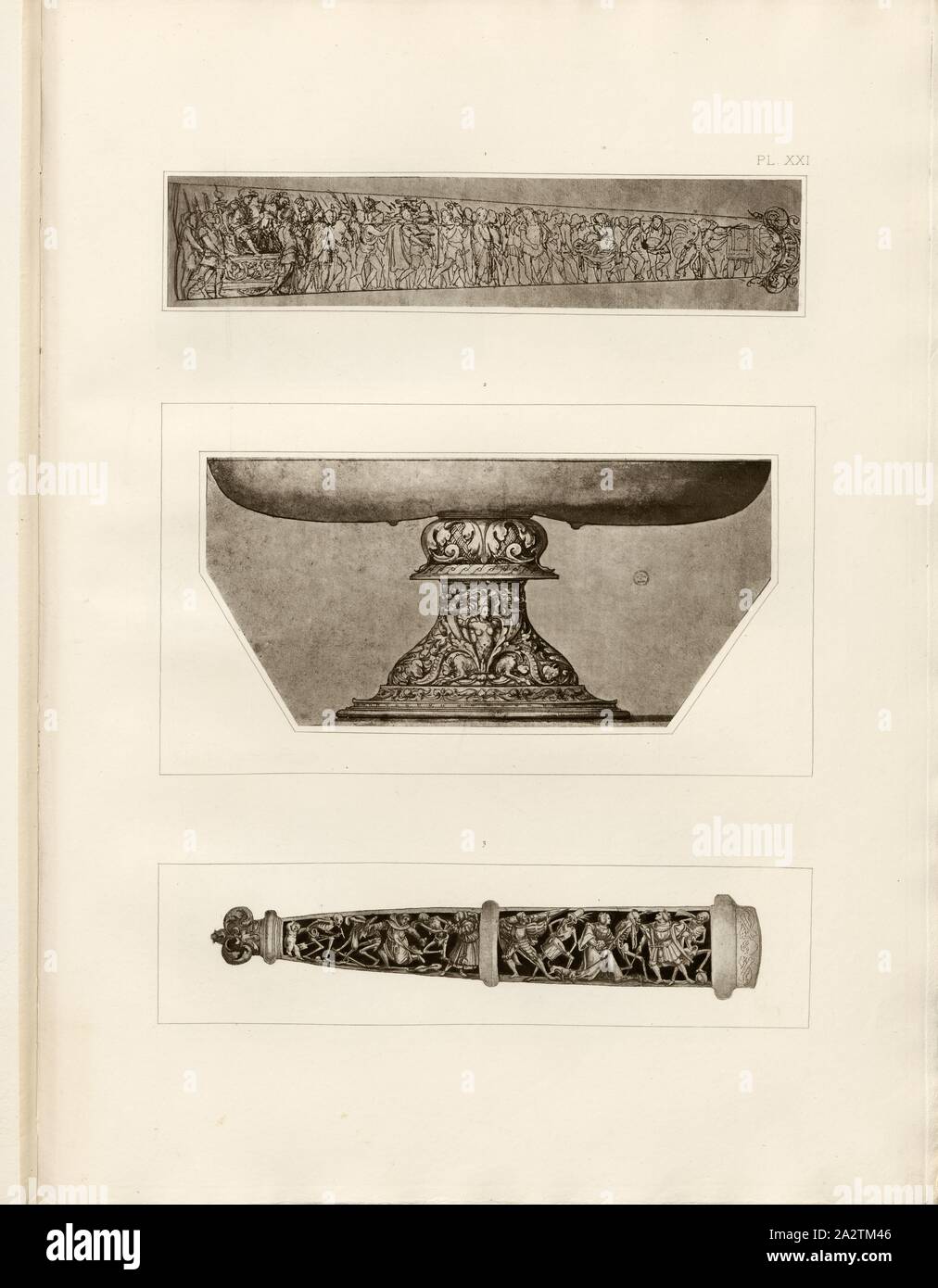 Dekoriert Abdeckungen für Dolche und Shell, Skizze eines römischen Triumphzug, verzierte Fuß einer Schüssel und Tanz des Todes, PL. XXI, nach XLIII, Holbein, Hans (DESS); Boussod, Valadon & Cie (Ed.), Eduard seine: Dessins d'ornements de Hans Holbein: fac-simile en Photogravure. Paris: Boussod, Valadon & Cie, Editeurs, 1886 Stockfoto
