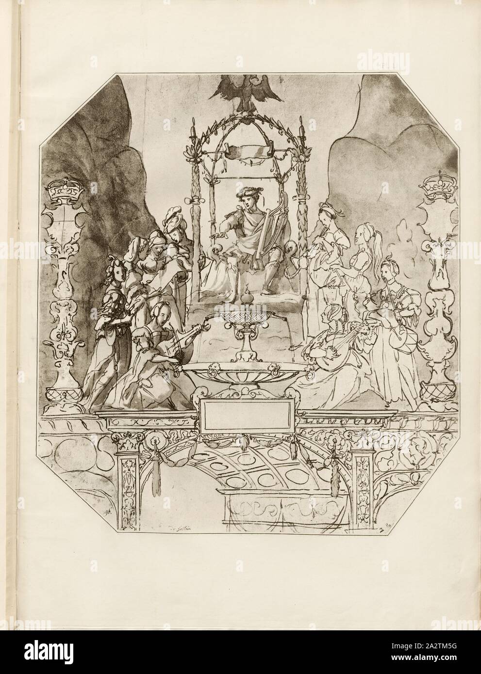 Projekt für die Krönung der Triumphbogen, Entwurf für eine Verehrung anlässlich der Heirat von Henry VIII. mit Anne Boleyn, unterzeichnet: Del, Holbein, PL. LI, nach S. XLIII, Holbein, Hans (DESS); Boussod, Valadon & Cie (Ed.), Eduard seine: Dessins d'ornements de Hans Holbein: fac-simile en Photogravure. Paris: Boussod, Valadon & Cie, Editeurs, 1886 Stockfoto