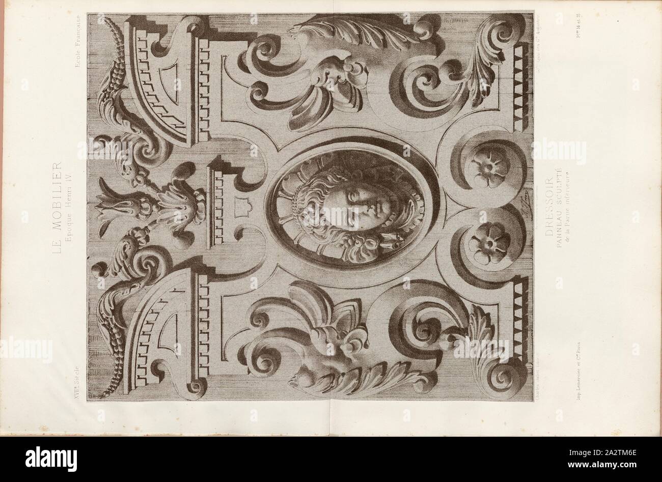 Geschnitzt Panel Kommode der unteren Parue, Möbel aus dem 17. Jahrhundert (Henri IV Stil), Datum, Unterschrift: Charles Juliot Editeur: R. Pfnor; Imp. Lemercier et Cie, PL. 14 et 15, nach S. 8, Pfnor, Rodolphe (Del.); Juliot, Charles (Hg.); Lemercier et Cie (Imp.), Rodolphe Pfnor: Le mobilier de la Couronne et des Sammlungen grandes publiques et particulières du XIIIe siècle au XIXe siècle: Mobilier zivil. Mobilier religieux. Meubles, tentures, tapisseries, Bronzen et Objets d'Art de toutes les Epochen accompagnés de Dessins, Größe d "Ausführung. Paris: Ch. Juliot, Editeur: Librairie Générale de Stockfoto