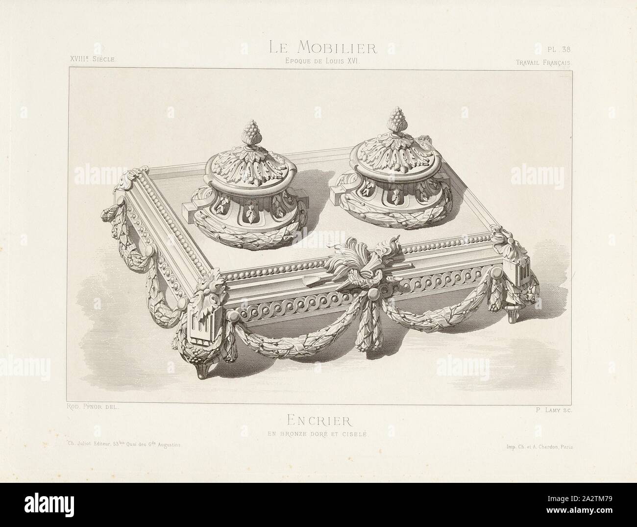 Tintenfass in vergoldet und gemeißelt Bronze, 18. Jahrhundert Tintenfass (Louis-XVI-Stil), Datum, Unterschrift: Rod., Pfnor del, P. Lamy, Ch. juliot Editeur; Imp. Ch. et A. Chardon, PL. 38, nach S. 8, Pfnor, Rodolphe (Del.); Lamy, S. (sc.); Juliot, Kap. (Hrsg.); Chardon, Ch. et A. (Imp.), Rodolphe Pfnor: Le mobilier de la Couronne et des Sammlungen grandes publiques et particulières du XIIIe siècle au XIXe siècle: Mobilier zivil. Mobilier religieux. Meubles, tentures, tapisseries, Bronzen et Objets d'Art de toutes les Epochen accompagnés de Dessins, Größe d "Ausführung. Paris: Ch. Juliot, Editeur Stockfoto