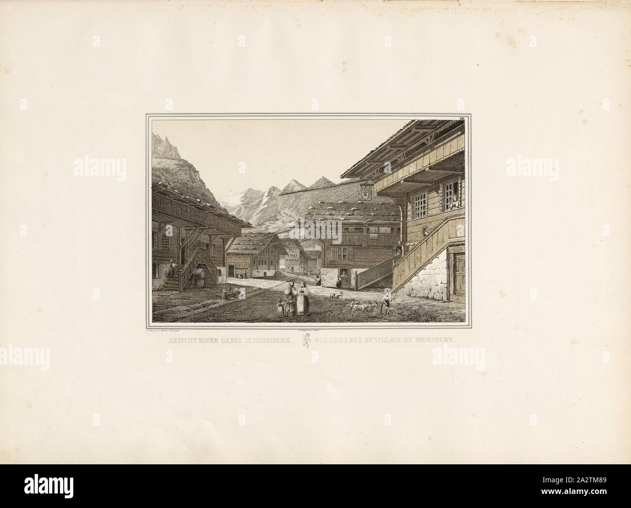 Blick auf eine Gasse in Meiringen, Parallel Titel: Vue d'une Rue au Village de Meiringen, Illustration einer alltäglichen Szene in einer Gasse in Meiringen aus dem 19. Jahrhundert, unterzeichnet: Graffenried & Stürler del. & Pub, J. F., Wagner inct., Bern, Platte XIII, S, 20, Graffenried, Karl Adolf von (Del. et publ.); Stürler, Gabriel Ludwig Rudolf (Del. et publ.); Wagner, J. F. (Lith.), Karl Adolf von Graffenried, Gabriel Ludwig Rudolf Stürler: Architektur suisse ou Choix de maisons Rustiques des Alpes du Canton de Berne: Schweizerische Helvetica oder Auswahl hölzerner Berndorf aus dem Berner Oberland Stockfoto