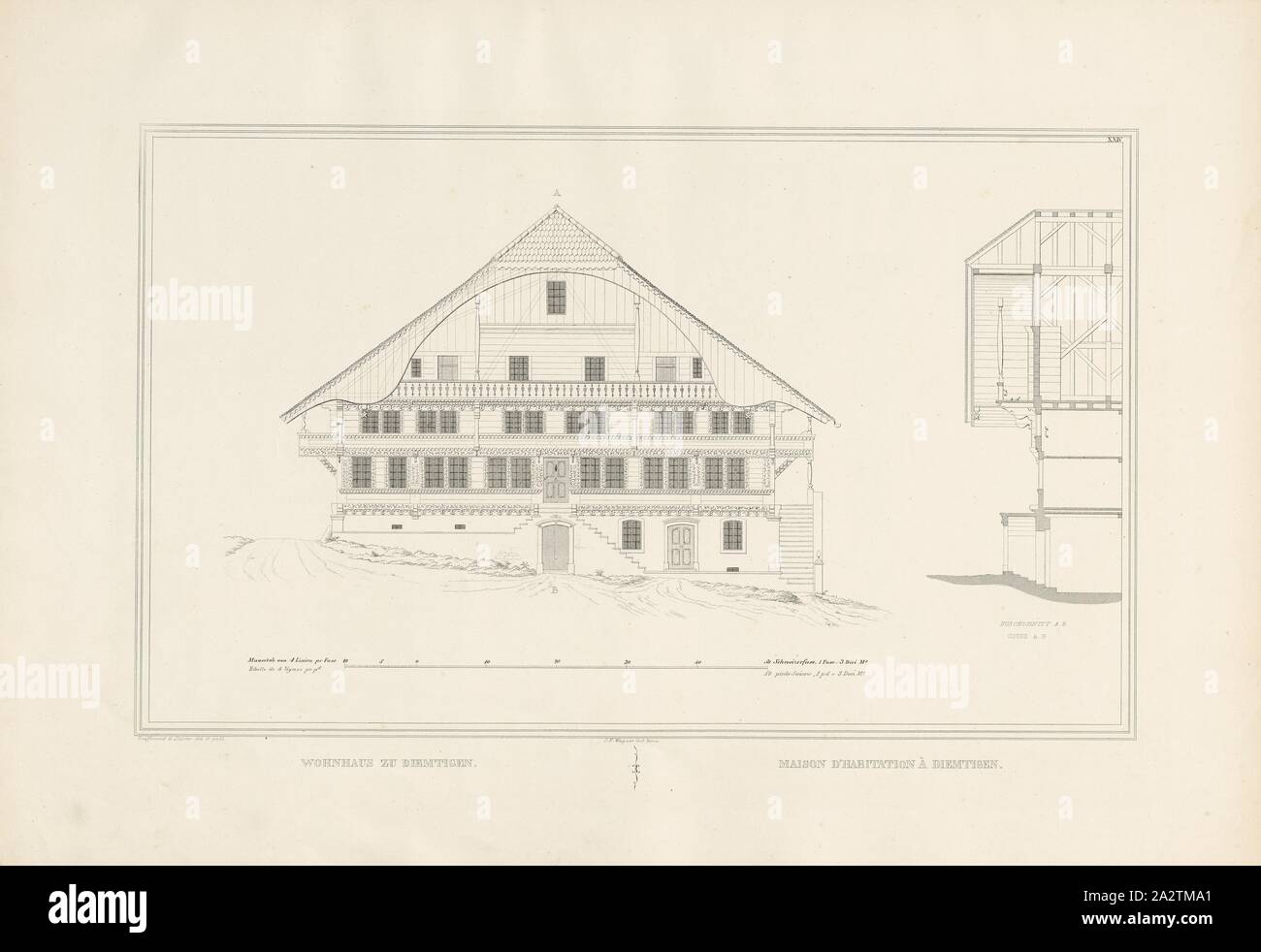 Wohnhaus in Diemtigen, Parallel Titel: Maison d'habitation à Diemtigen, Illustration der Fassade und das Profil eines Wohnhauses mit Ziegeldach in Diemtigen aus dem 19. Jahrhundert, unterzeichnet: Graffenried & Stürler del. & Publ, J. F., Wagner inct., Bern, Platte XXIV, nach S. 20, Graffenried, Karl Adolf von (Del. et publ.); Stürler, Gabriel Ludwig Rudolf (Del. et publ.); Wagner, J. F. (Lith.), Karl Adolf von Graffenried, Gabriel Ludwig Rudolf Stürler: Architektur suisse ou Choix de maisons Rustiques des Alpes du Canton de Berne: Schweizerische Helvetica oder Auswahl Stockfoto