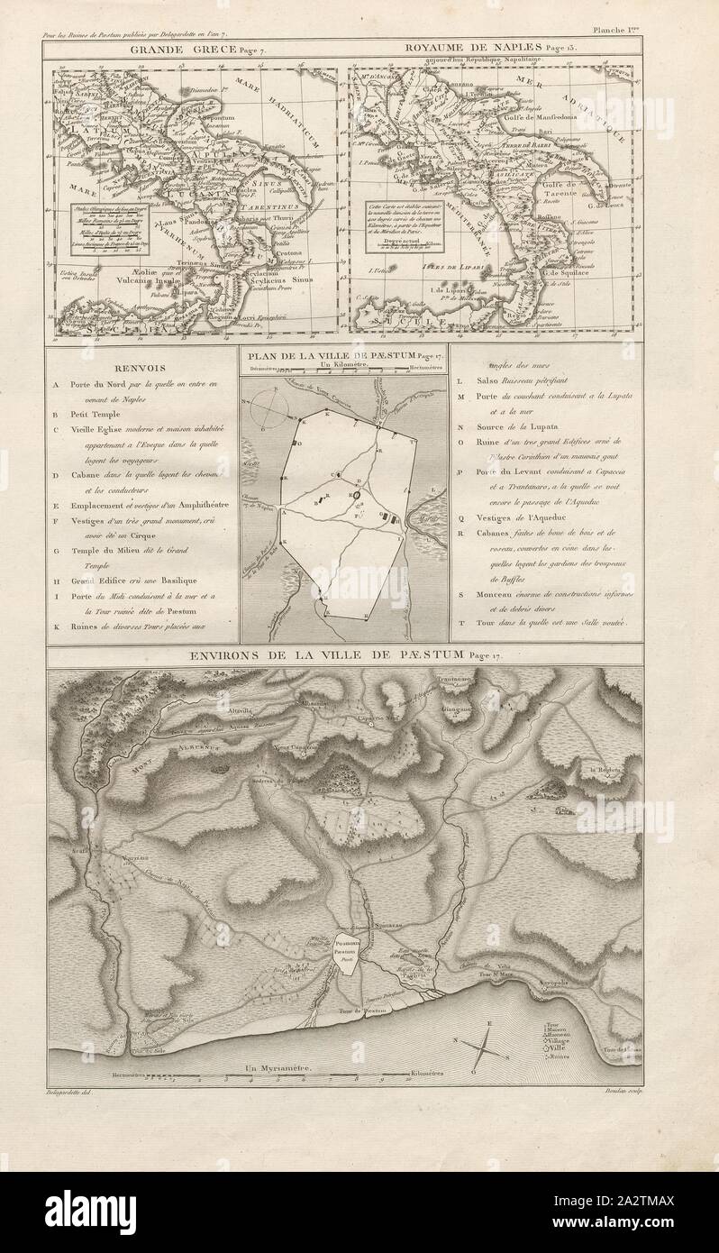 Paestum, verschiedene Karten der Paestum und Umgebung, unterzeichnet: Delagardette del, Doudan sculp, PL. I, S. 76, La Gardette, Claude Mathieu de (Del.); Doudan, L. (sc.), Claude Mathieu de La Gardette: Les Ruinen von Paestum ou Posidonia, Ancienne ville de la grande Griechenland, à vingt-deux lieues de Neapel, dans le Golfe de Salerne herum. Paris: chez l'auteur et H. Barbou, Imprimeur-Libraire, VII. [1799 Stockfoto