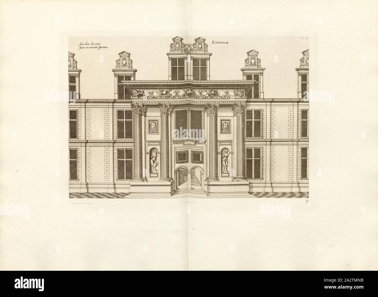 Escouam. Gesicht im Hof 1, Château d'Ecouen in Frankreich, unterzeichnet: FD; Imp. Lemercier et Cie, A. Lévy (Hrsg.), Abb. 51, T.2. 50., Jacques Androuet du Cerceau (Del.); Faure-Dujarric, Pierre-Lucien (sc.); Lemercier (Imp.); Levy, A. (Hrsg.), 1868, Jacques Androuet du Cerceau; Hippolyte A. Destailleur: Les plus excellents bastiments de France. Paris: A. Lévy, Libraire-Editeur, M DCCC LXVIII-M DCCC LXX. [1868-1870 Stockfoto