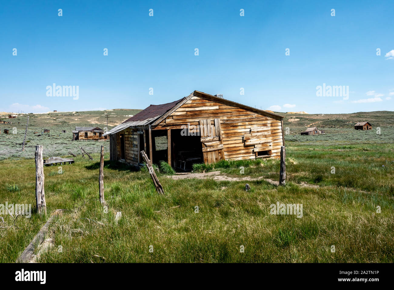 Alten, verlassenen Holz- Stadel mit Zaun Beiträge, umgeben von den grünen Gras und Salbei Bürste an Bodie State Historic Park in der östlichen Sierra. Stockfoto