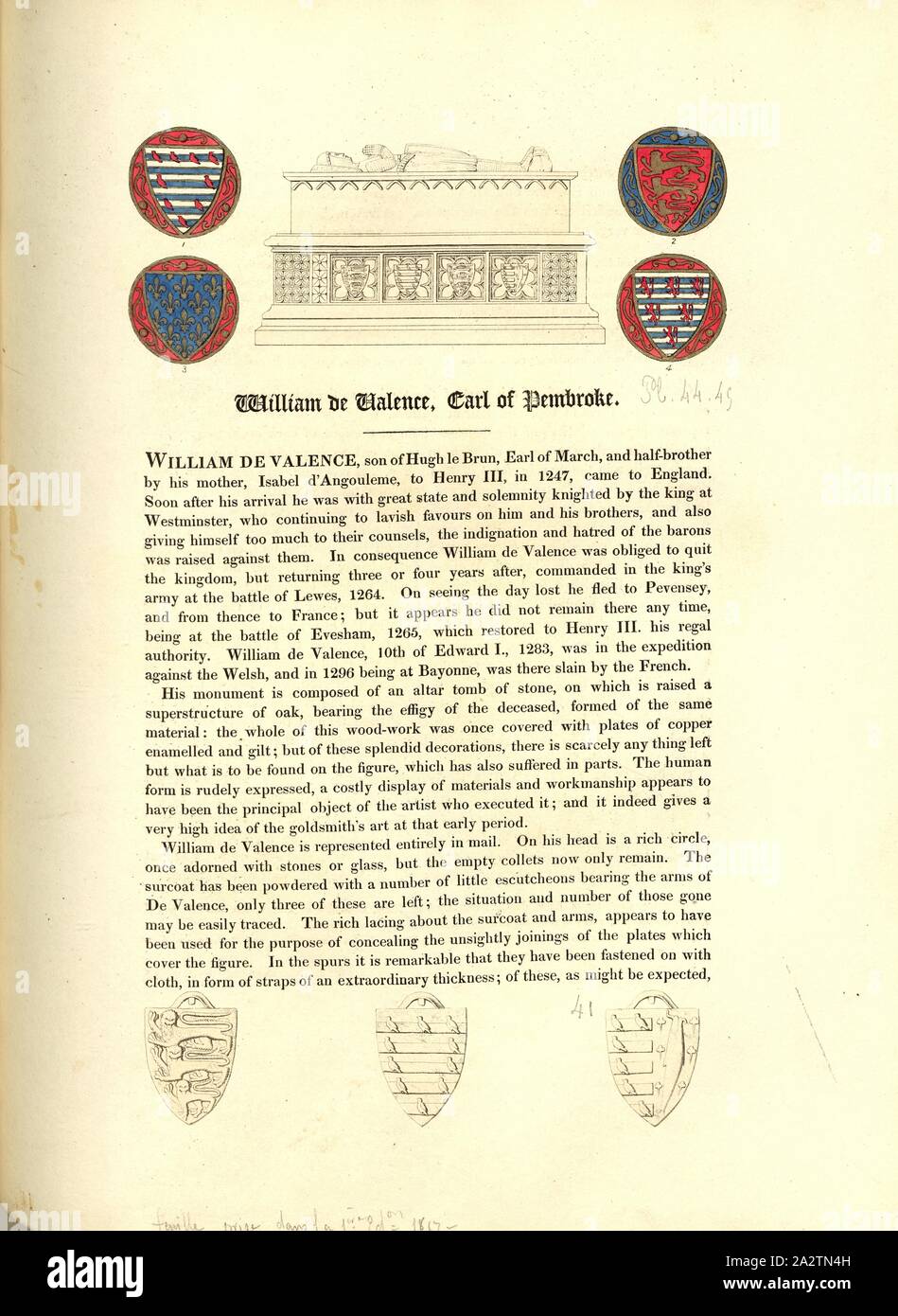 William de Valence, Earl of Pembroke, Grab von William de Valence, 1st Earl of Pembroke, in der Westminster Abbey und Wappen, Abb. 52, S. 40, Charles Alfred Stothard, Alfred John Kempe: Das monumentale Bildnisse von Großbritannien: aus unserem Kathedralen und Kirchen ausgewählt, mit dem Ziel das Zusammenbringen, und die Erhaltung der richtigen Darstellungen der besten historischen Abbildungen vorhanden, von der normannischen Eroberung der Herrschaft von Heinrich der Achte: durch die Erlaubnis, die Prince Regent gewidmet. London: Gedruckt von J. M'Creery [...], 1817-1832 Stockfoto