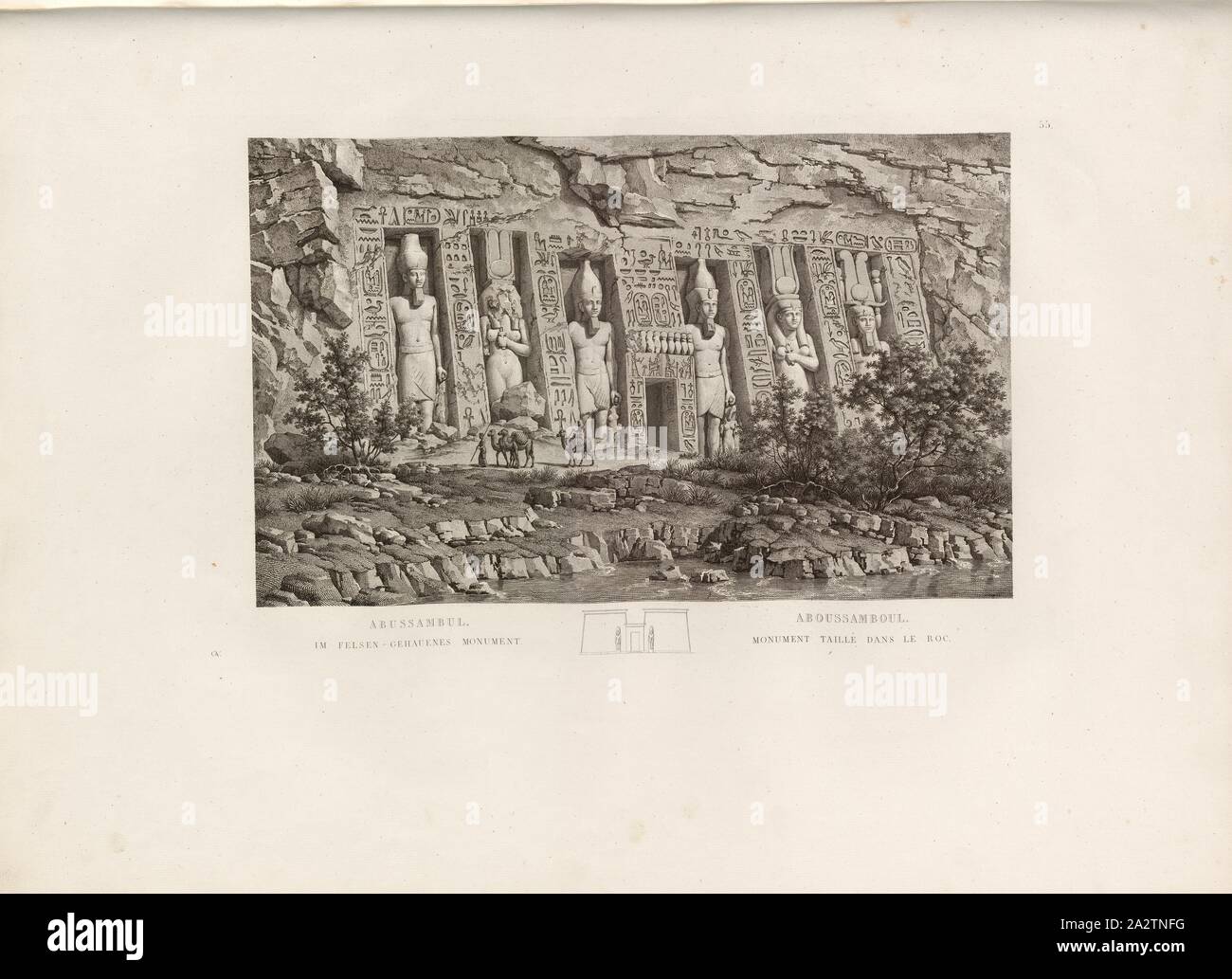 Abussambul. In den Fels gehauen Denkmal, Tempel von Abu Simbel, unterzeichnet: GAV, PL. 55, S. 105, Gau, Franz Christian (Del.), Franz Christian Gau, Barthold Georg Niebuhr: Antiquités de la Nubie: ou inédits monumens des Bords du Nil, Situés entre la première et la seconde cataracte: ouvrage faisant Suite au Grand ouvrage de la Kommission D'Egypte; dédié Au Roi. Stuttgart: aux frais de La Librairie de J. G. Cotta; Paris: Imprimerie et Librairie de Firmin Didot, MDCCCXXII. [1822 Stockfoto