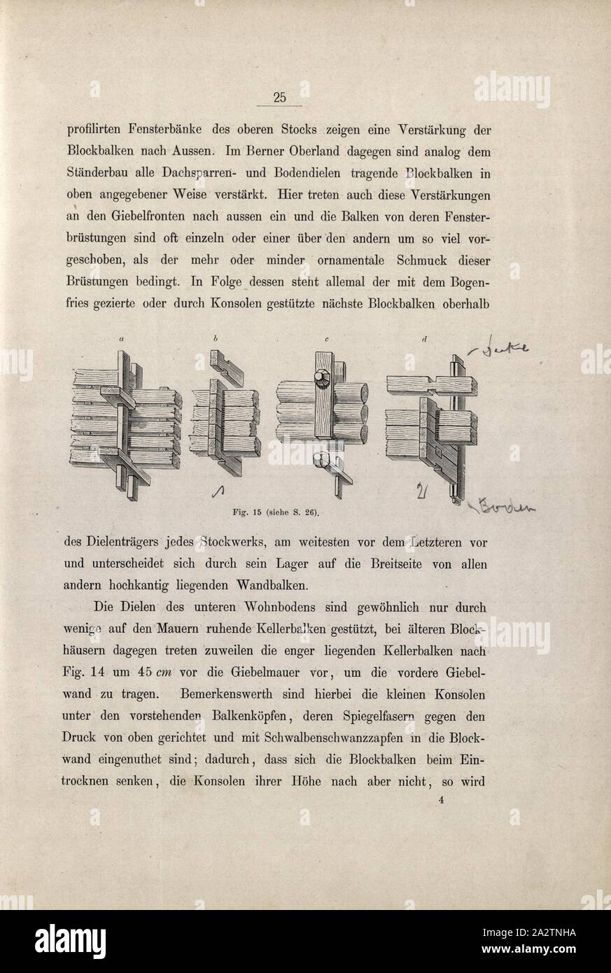 Blockbalken, kurzen Block Bars nahe beieinander, Abb. 15, S. 25, 1885, Ernst Gladbach: Sterben Holz-Architectur der Schweiz, 2. Neubearb. Zürich und Leipzig: Orell Füssli, 1885 Stockfoto