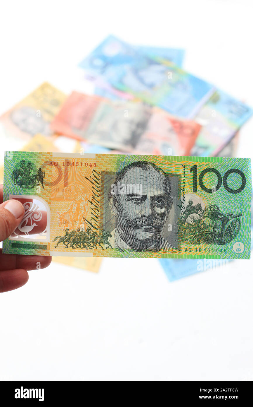Einhundert US-Dollar, Australische Dollar, 100 $ Stockfoto