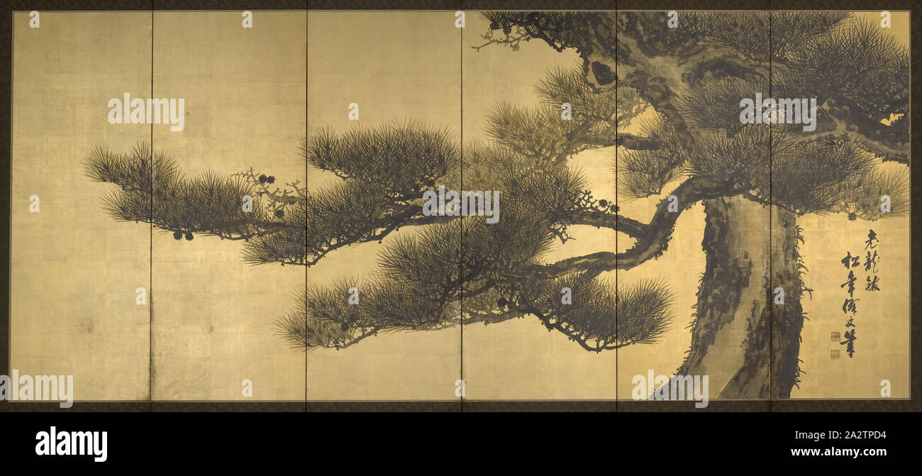 Im Alter von Drachen, Suzuki Shōnen 鈴木松年 (Japanisch, 1848-1918), um 1900, Tusche und Farbe auf Blattgold über Papier, 67-1/2 x 97-1/2-in. (Overall) äußeren Panels: W: 25-1/4-in. (Jeweils) Innere Verkleidungen: W: 24-3/8-in. (Jeweils), unterzeichnet: Shonen Senshi hitsu?????? (Japanische Zeichen) der Einsiedler Shonen 2 quadratische intaglio Dichtungen auf jedem Bildschirm: Dichtung: [Suzuki] Seiken????? (Japanische Zeichen) Dichtung: [Shonen Senshi]??? (Japanische Zeichen), Asiatische Kunst Stockfoto