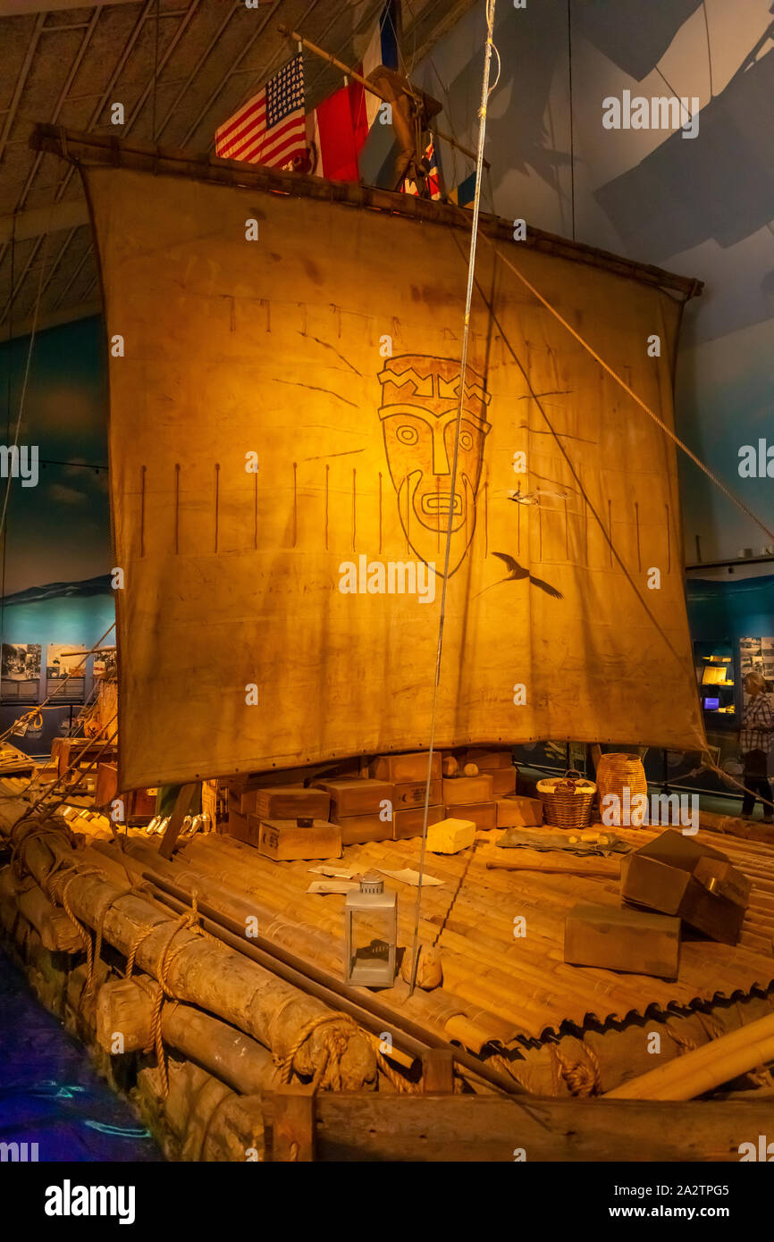OSLO, NORWEGEN - Kon-Tiki raft in Museum, Oslo Waterfront. Stockfoto