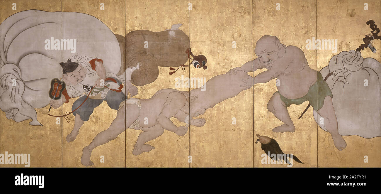 Sieben Götter des Glücks, der Schule des Itchō (Japanisch, 1652-1724), Edo, ca. 1700, Tinte, Farben und Blattgold auf Papier, 6-fach, 65-3/4 x 145-1/2-in. (Overall), Asiatische Kunst Stockfoto