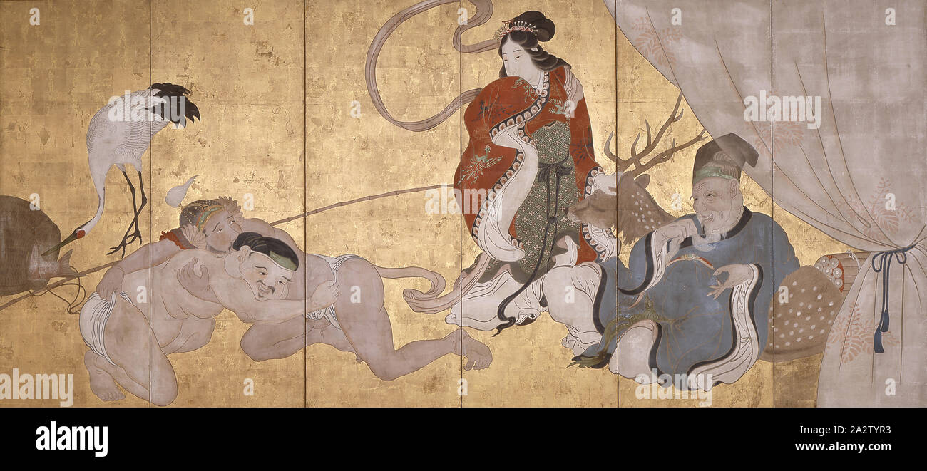 Sieben Götter des Glücks, der Schule des Itchō (Japanisch, 1652-1724), Edo, ca. 1700, Tinte, Farben und Blattgold auf Papier, 6-fach, 65-3/4 x 24-1/4-in. (Jedes Panel), Asiatische Kunst Stockfoto