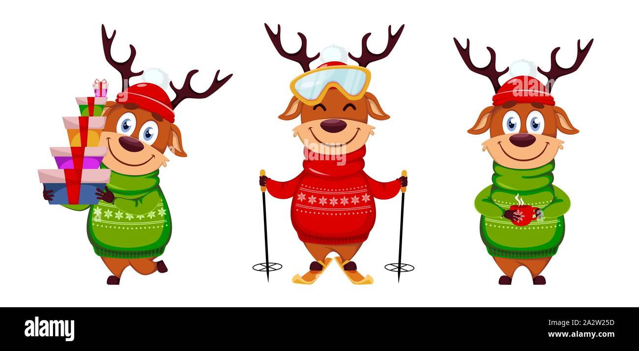 Frohe Weihnachten. Lustige Rentiere, der drei Posen. Cute cartoon Charakter. Vector Illustration Stock Vektor