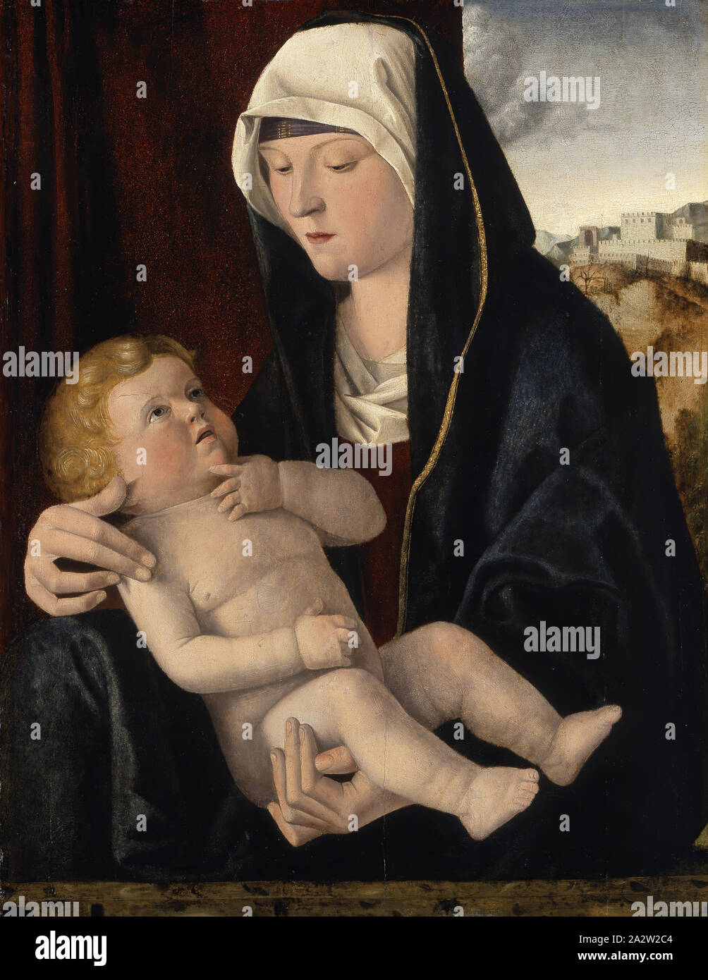 Madonna und Kind, in der Werkstatt von Giovanni Bellini (Italienisch, 1430-1516), ca. 1510-1515, Tempera und Öl auf Holz, 21 x 16-1/2-in., Europäische Malerei und Skulptur vor 1800 Stockfoto