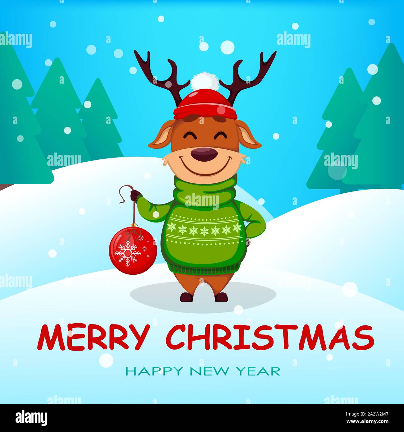 Frohe Weihnachten Grusskarten mit lustigen Rentier holding Christmas tree Ball. Cute cartoon Charakter. Vector Illustration mit Winter Wald auf hinterg Stock Vektor