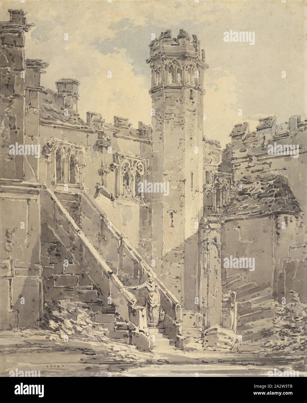 Haddon Hall in der Nähe von Bakewell, Derbyshire, Joseph Mallord William Turner (Englisch, 1775-1851), ca. 1794, blaue und graue Tinte wäscht über Bleistift auf weißem Papier, 9-3/8 x 7-1/2 in., in Bleistift eingeprägt, auf der Rückseite des Berges, C.: Haddon Hall in der Nähe von Bakewell/Landkreise/Hinweis auf Zeichnung von J M W Turner/Wenn 15 Jahre alt / von Herrn Griffith gekauft Stockfoto